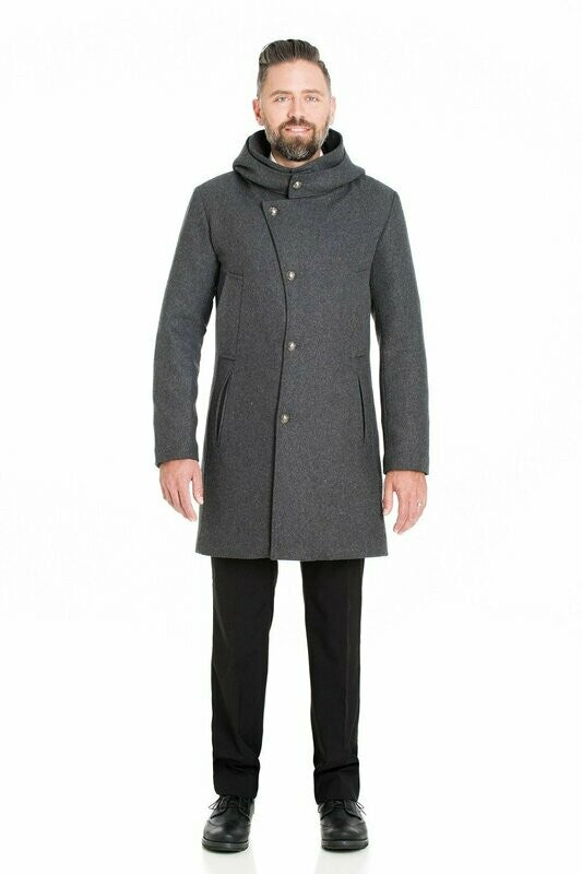 Desloups manteau d'hiver homme asymétrique avec capuchon détachable en 100% laine et doublé
