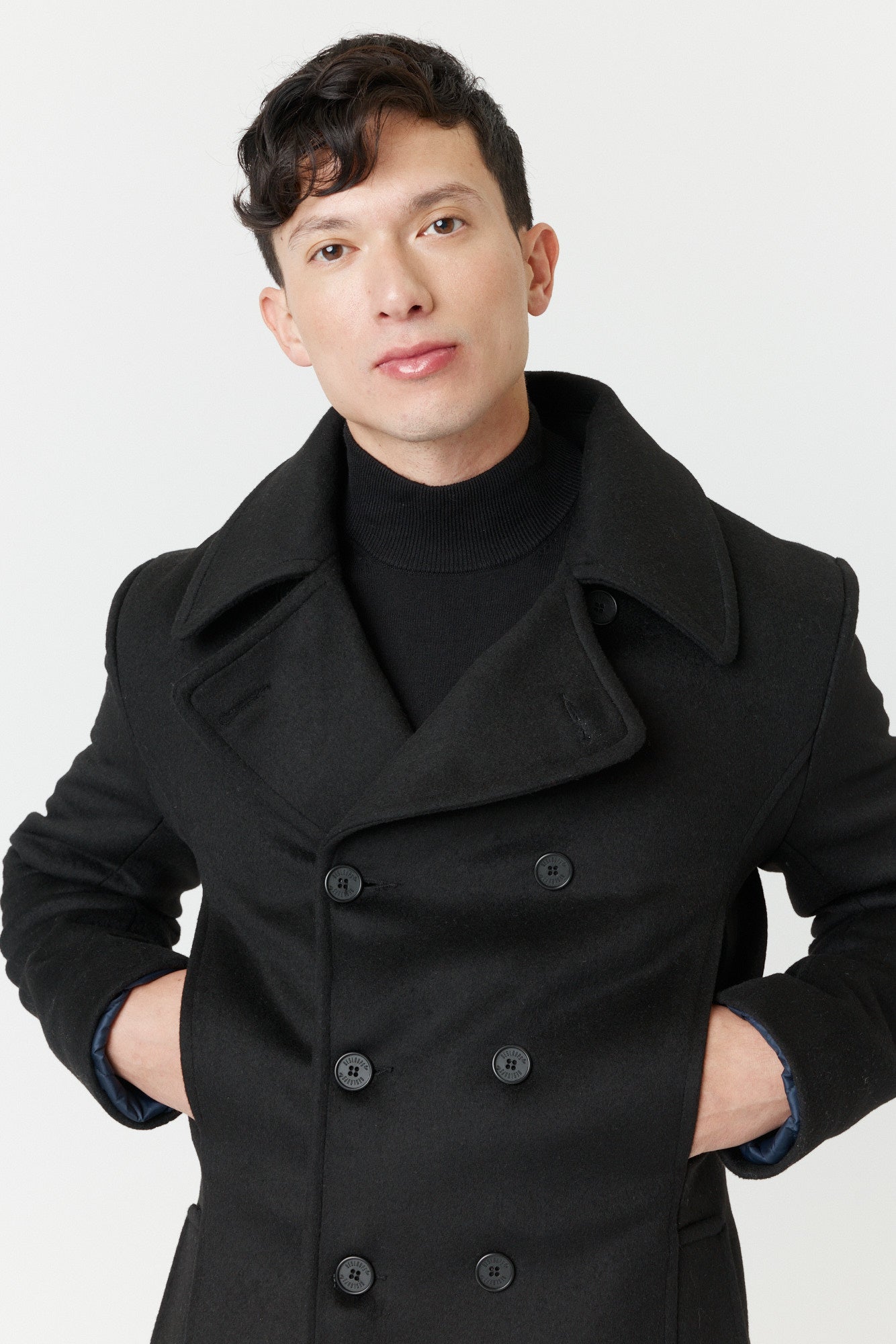 Desloups winter coat in pea coat style for men, double-breasted in 100% wool and lined