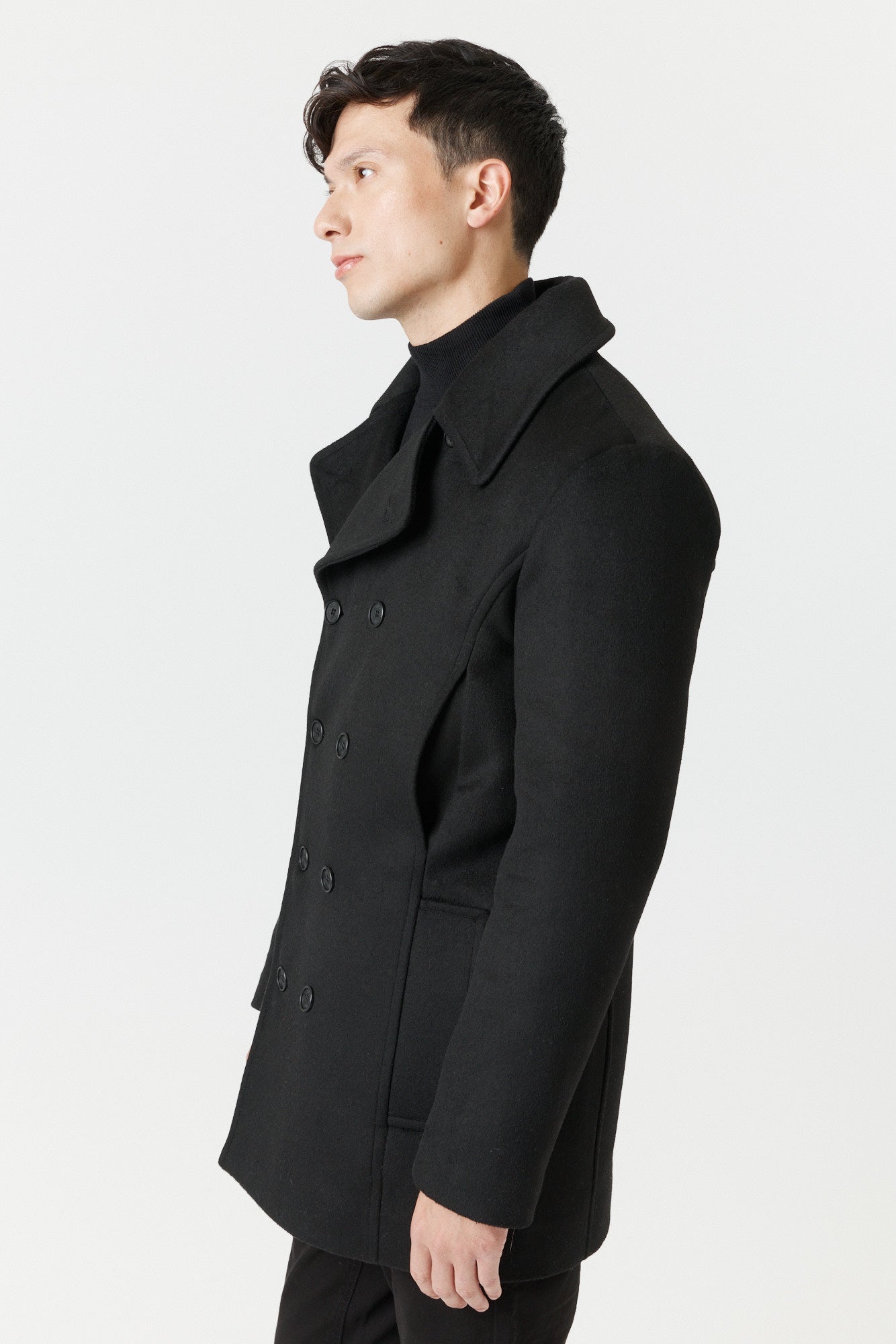 Desloups winter coat in pea coat style for men, double-breasted in 100% wool and lined