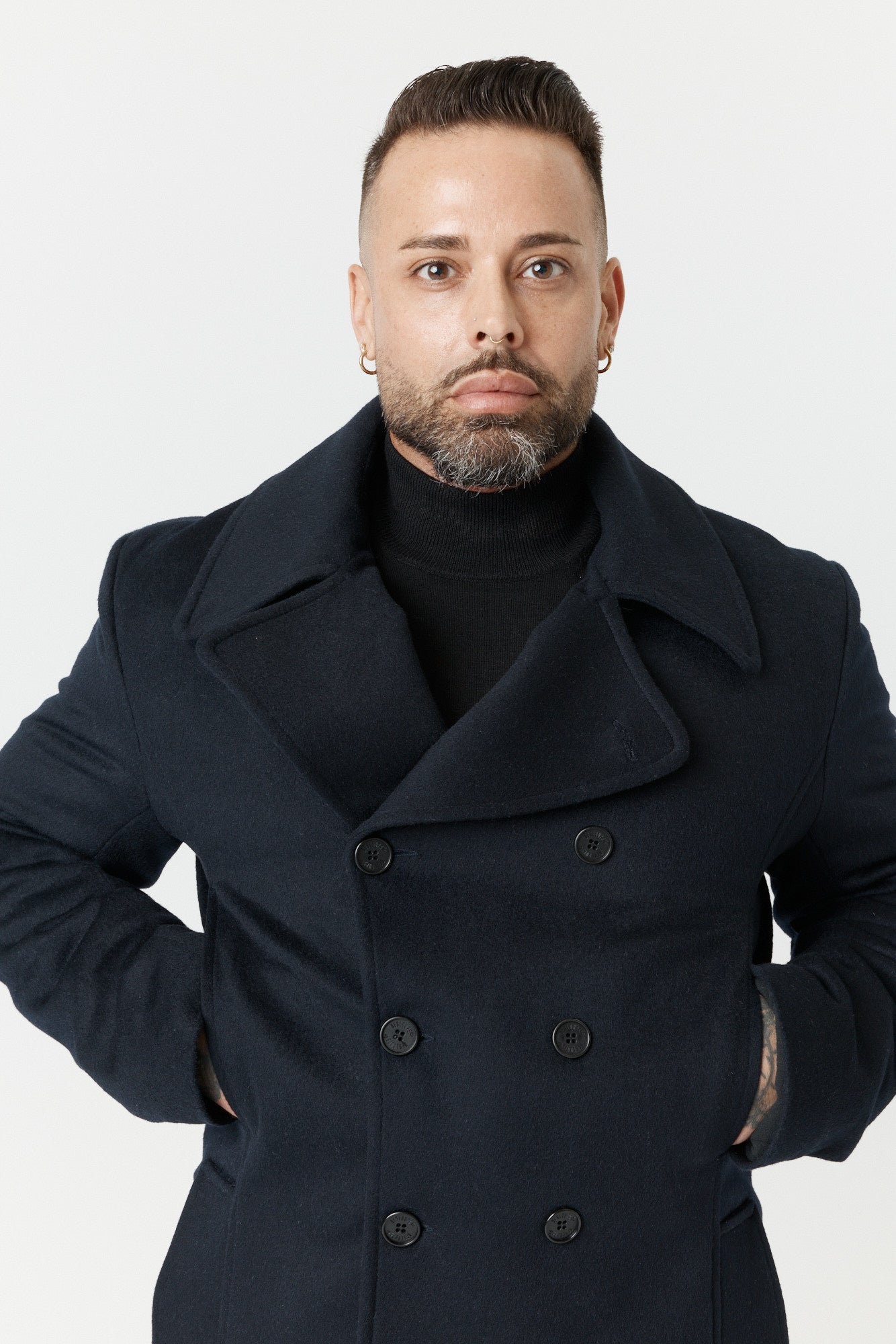Desloups winter coat in pea coat style for men, double-breasted in 100% wool and lined