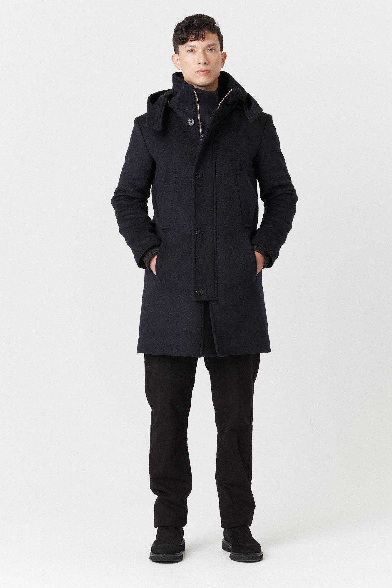 Desloups Canadian winter coat for men with clasp and hood in 100% lined wool
