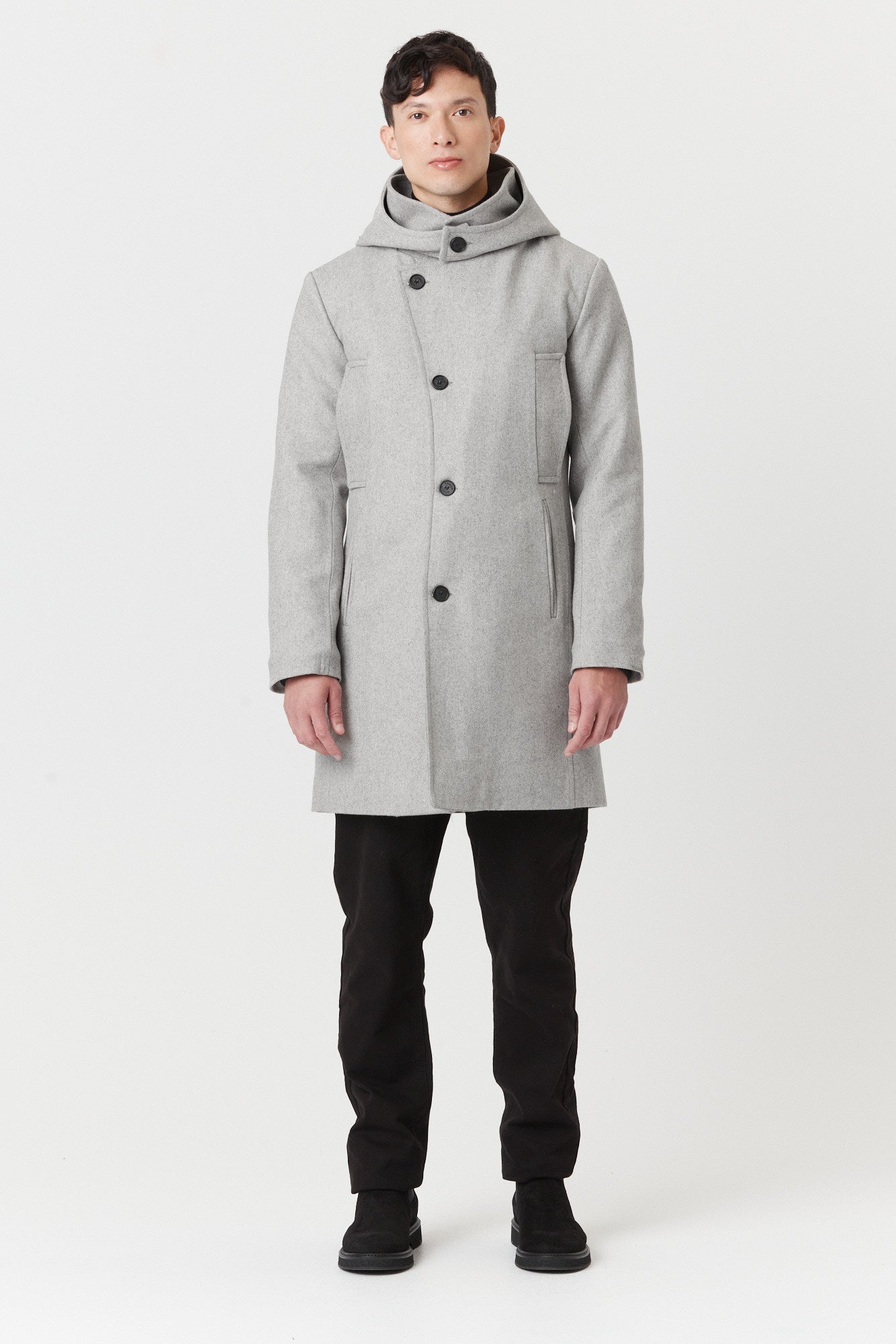 Desloups men's asymmetrical winter coat with detachable hood in 100% wool and lined