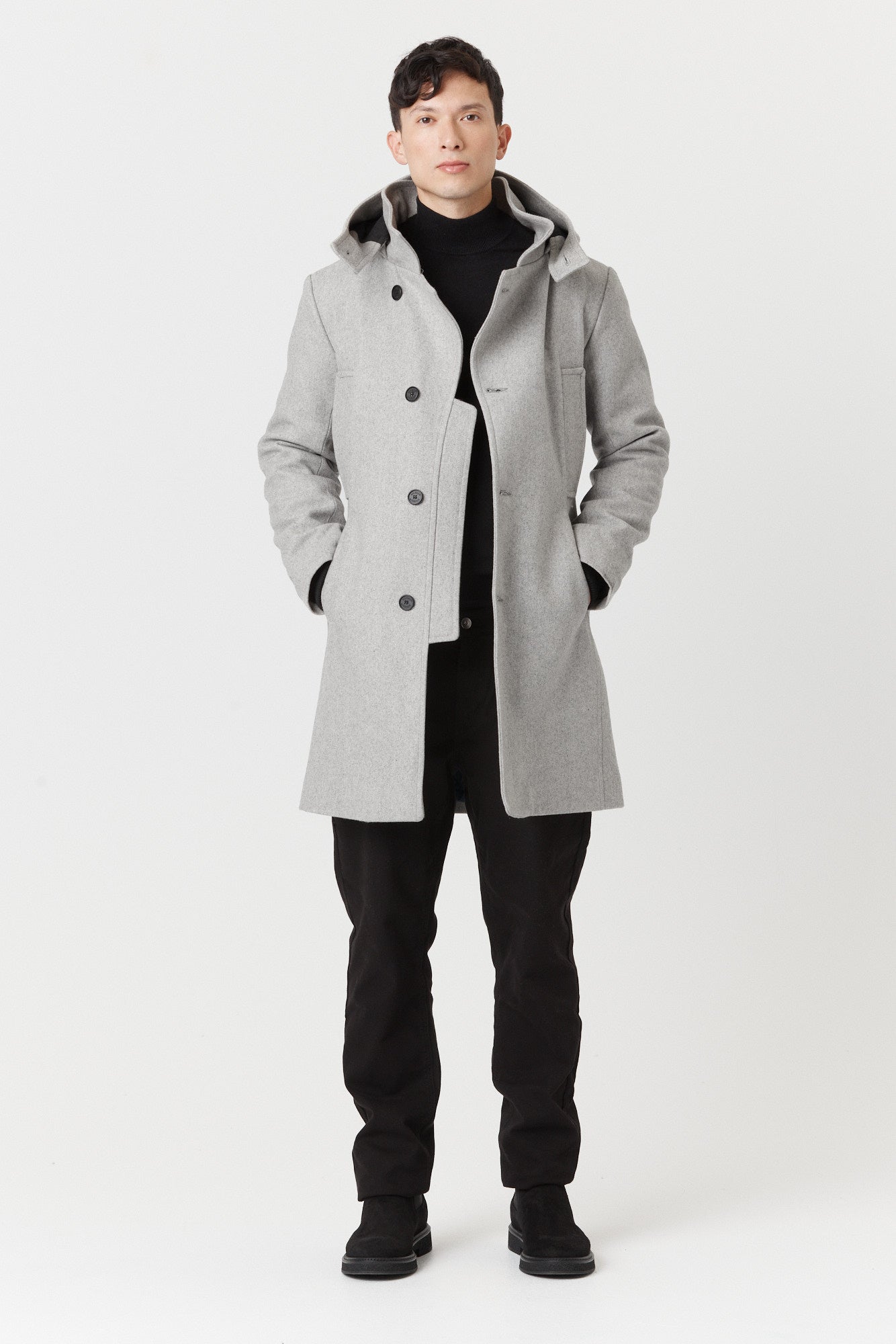 Desloups men's asymmetrical winter coat with detachable hood in 100% wool and lined
