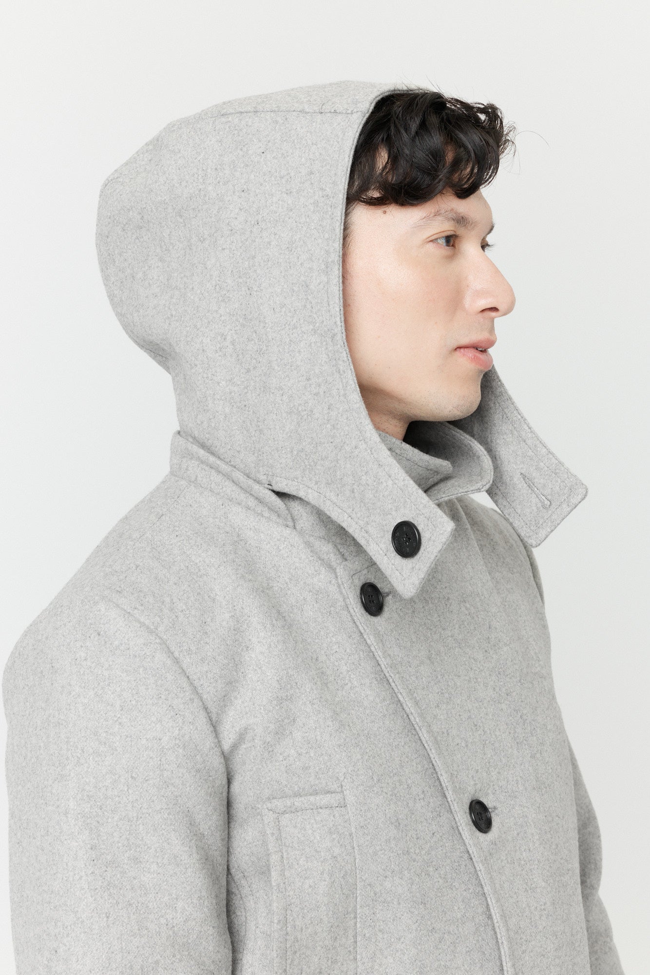 Desloups men's asymmetrical winter coat with detachable hood in 100% wool and lined