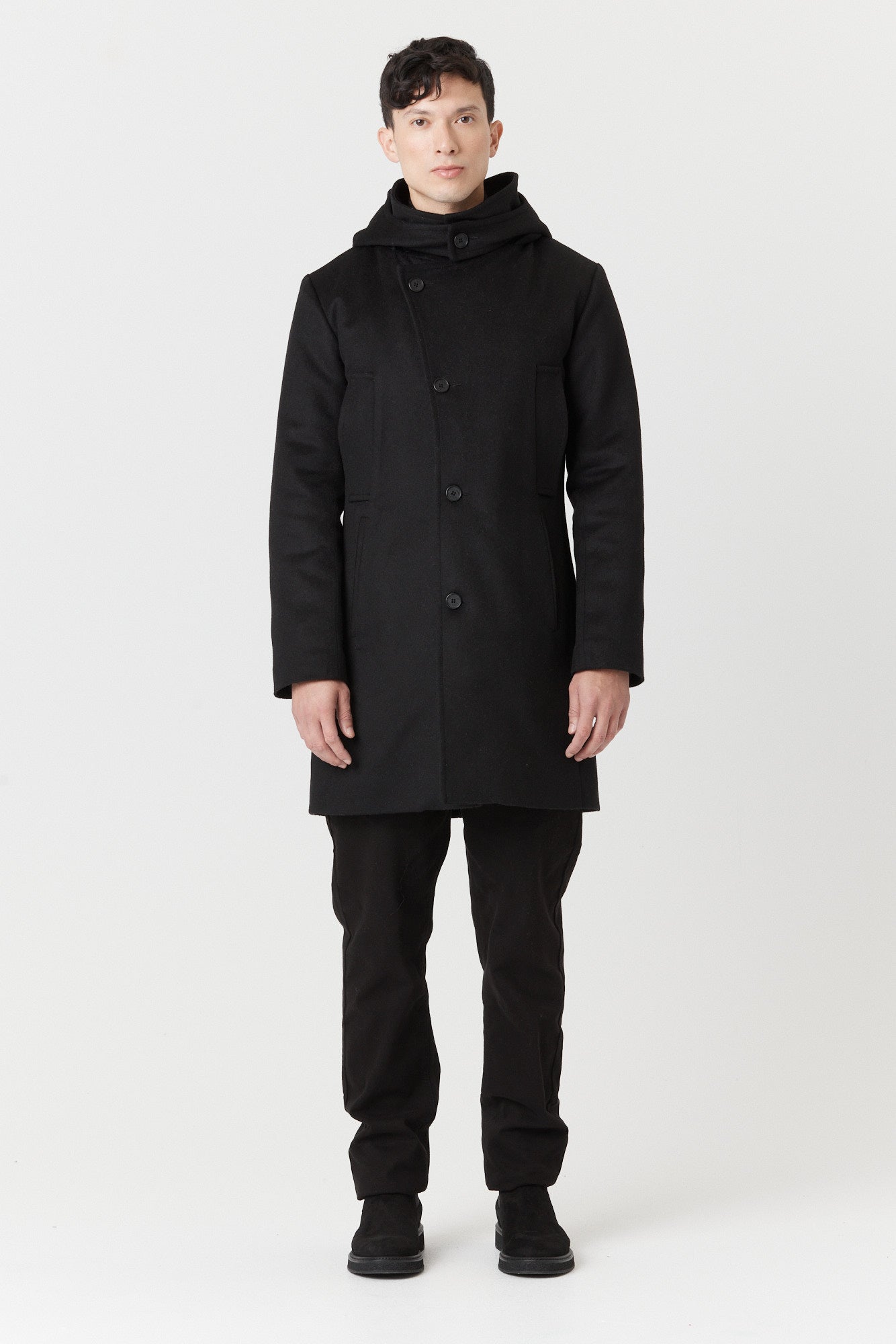 Desloups men's asymmetrical winter coat with detachable hood in 100% wool and lined
