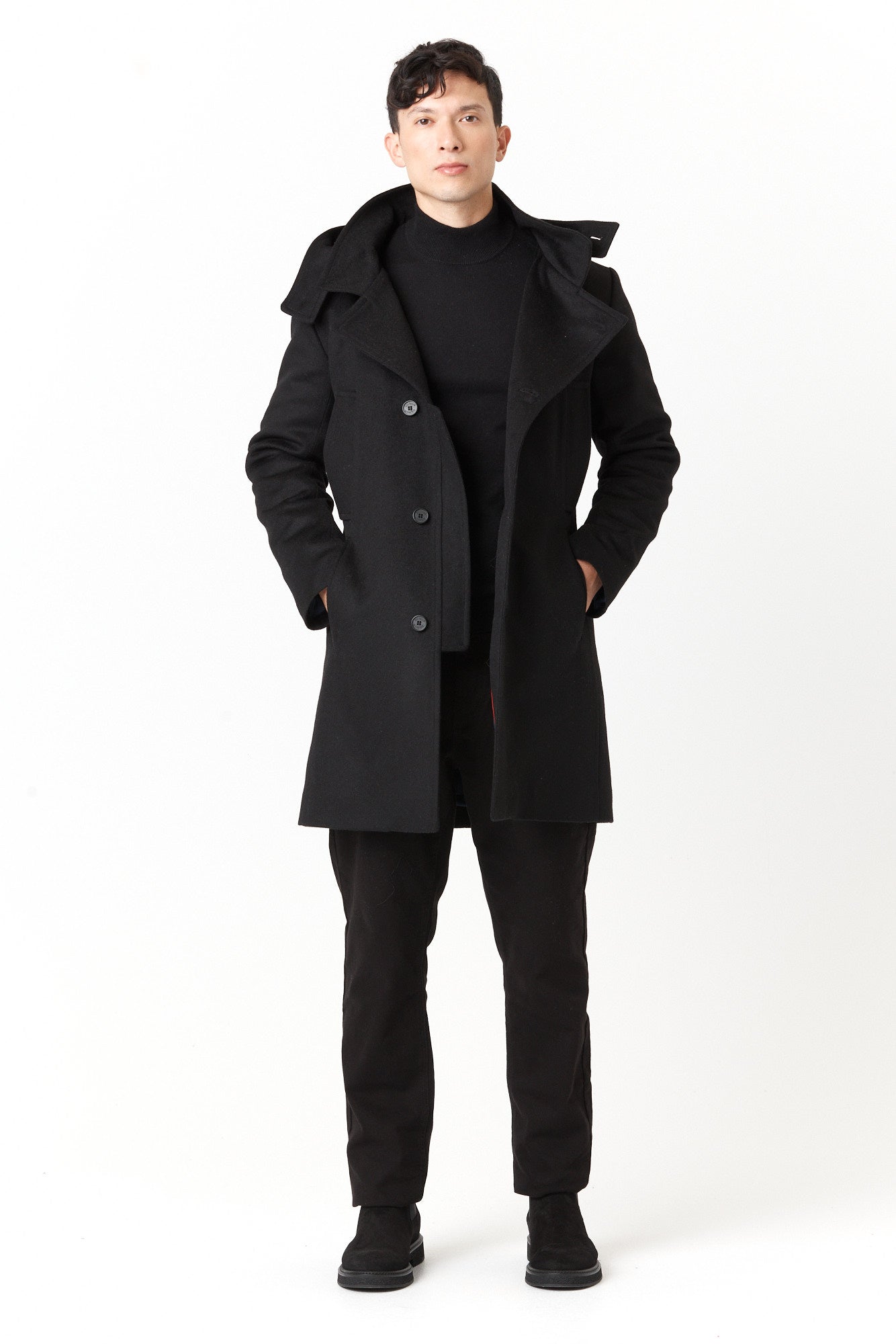 Desloups men's asymmetrical winter coat with detachable hood in 100% wool and lined