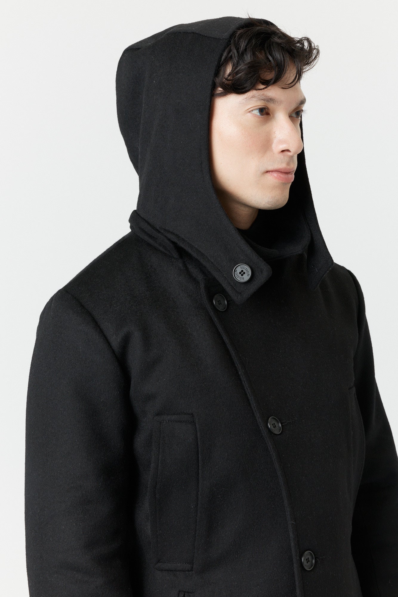 Desloups men's asymmetrical winter coat with detachable hood in 100% wool and lined