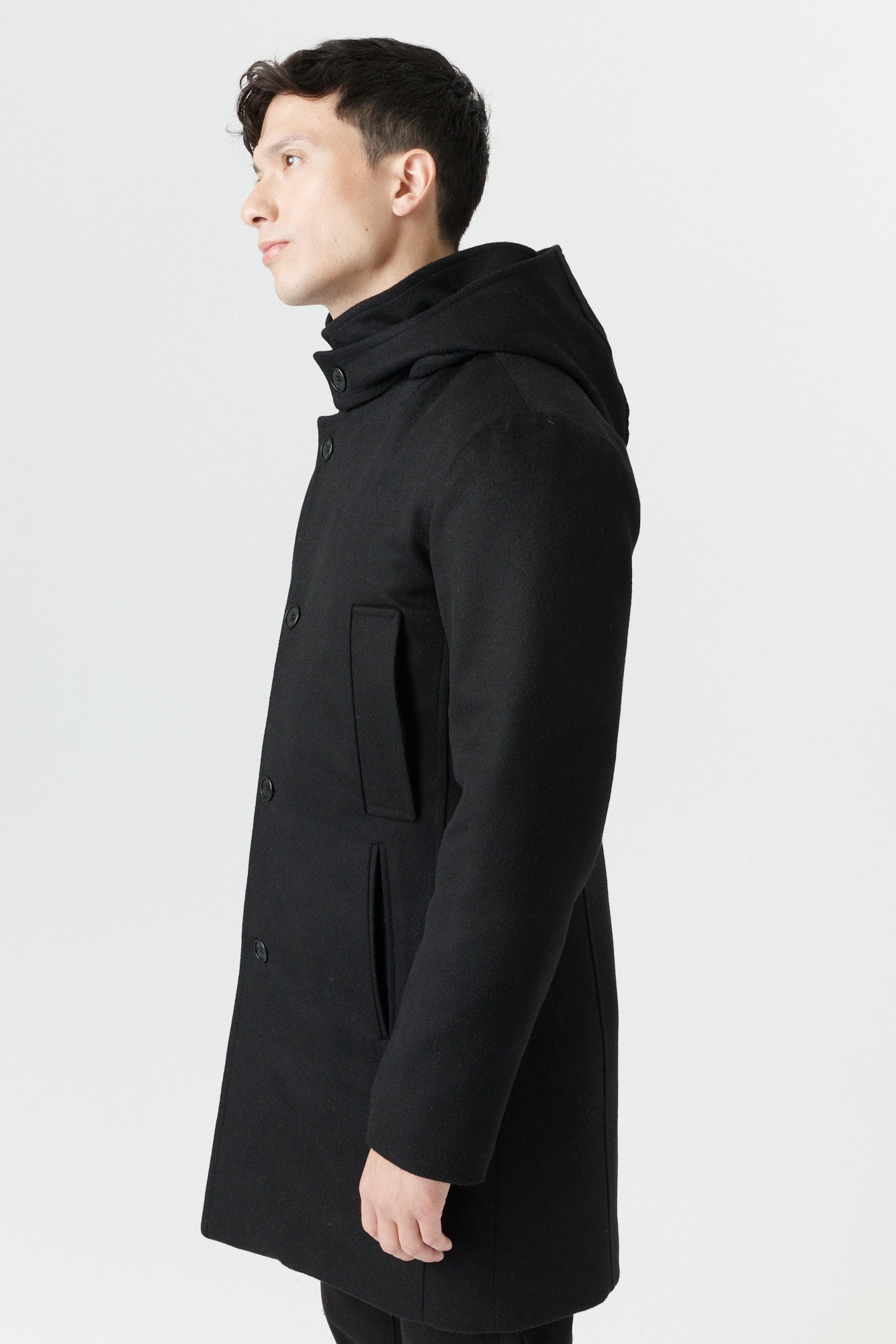 Desloups men's asymmetrical winter coat with detachable hood in 100% wool and lined