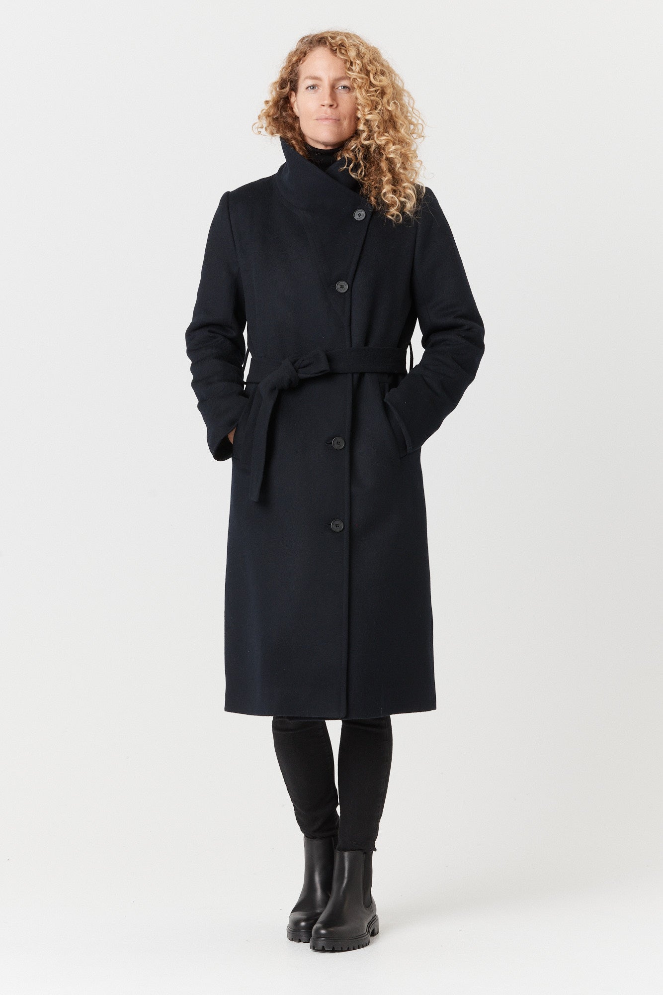 Desloups manteau d'hiver long femme avec ceinture en 100% laine et doublé