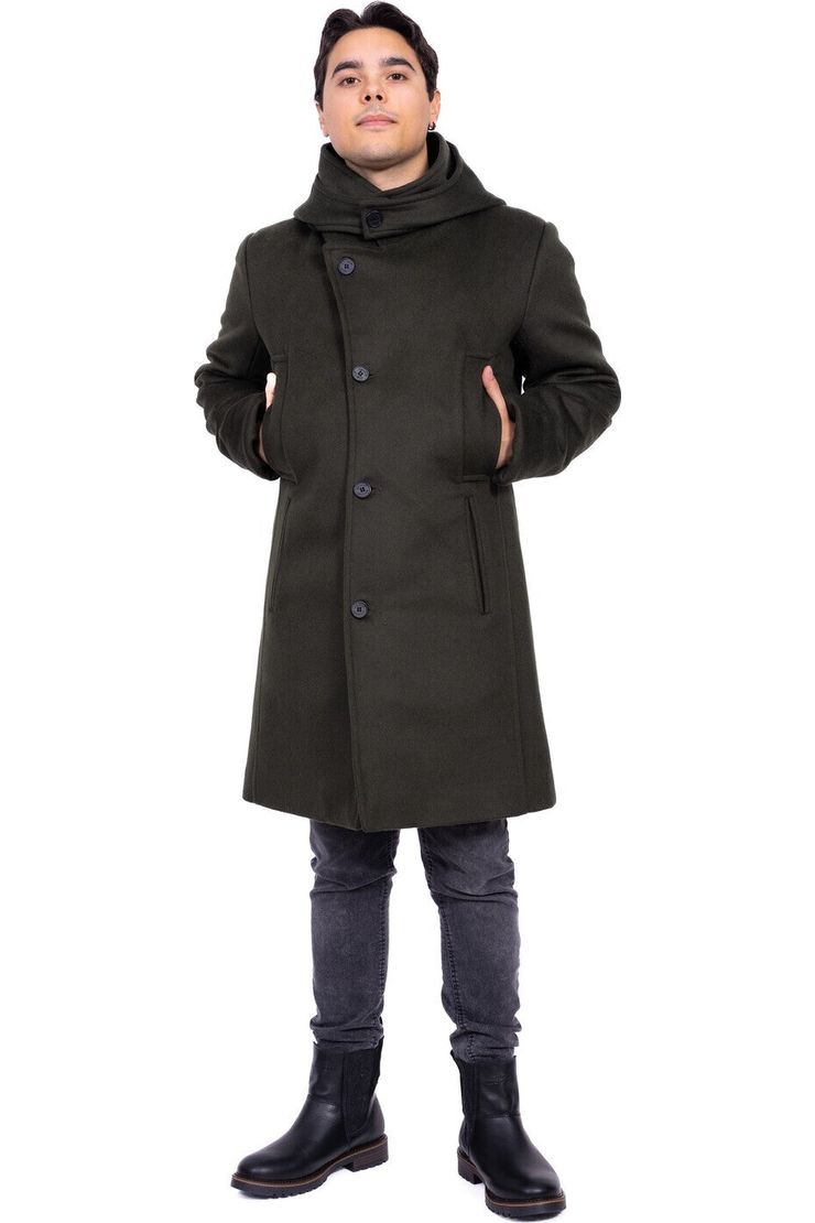 Desloups manteau d'hiver homme asymétrique avec capuchon détachable en 100% laine et doublé