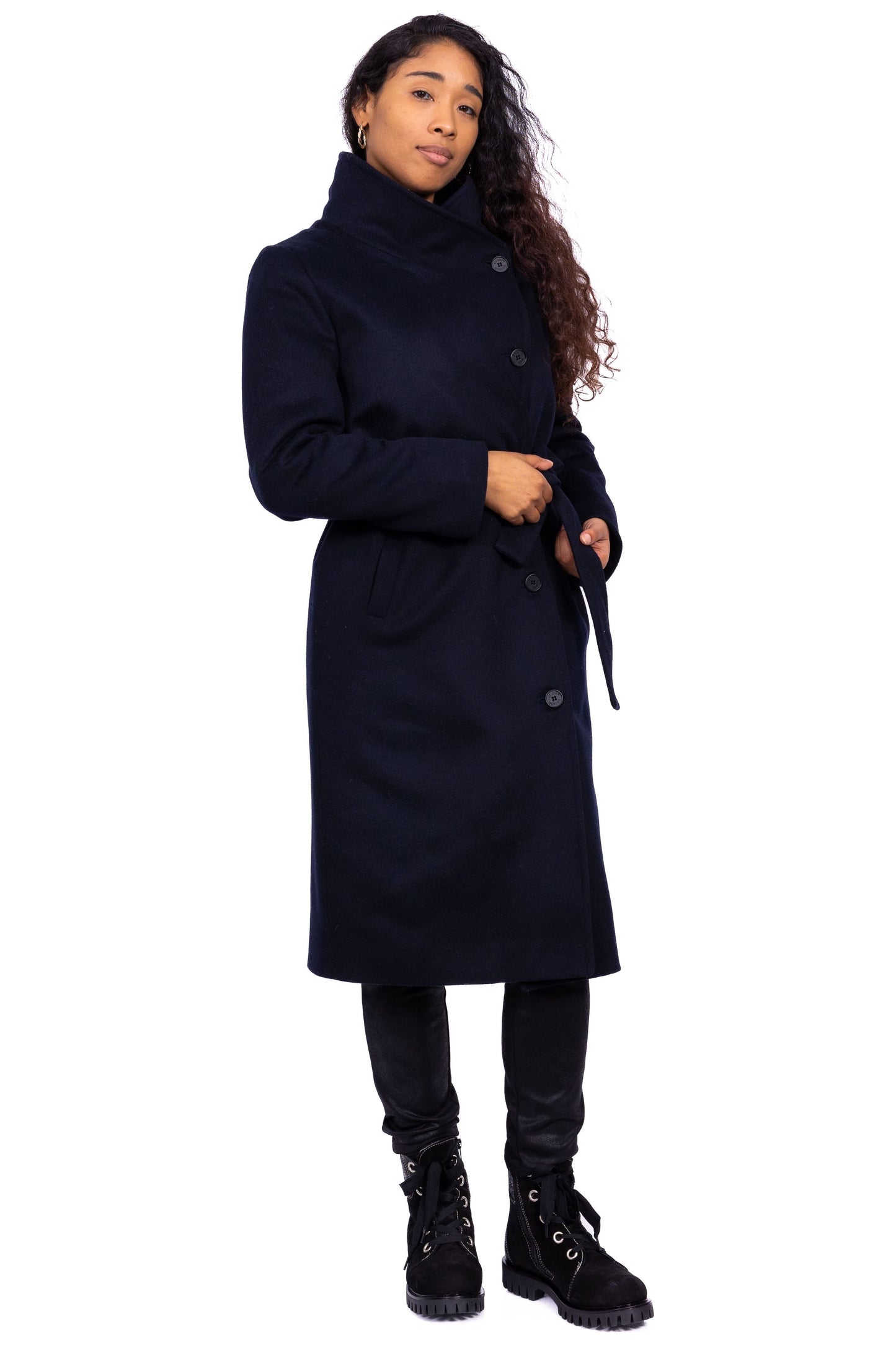 Desloups manteau d'hiver long femme avec ceinture en 100% laine et doublé