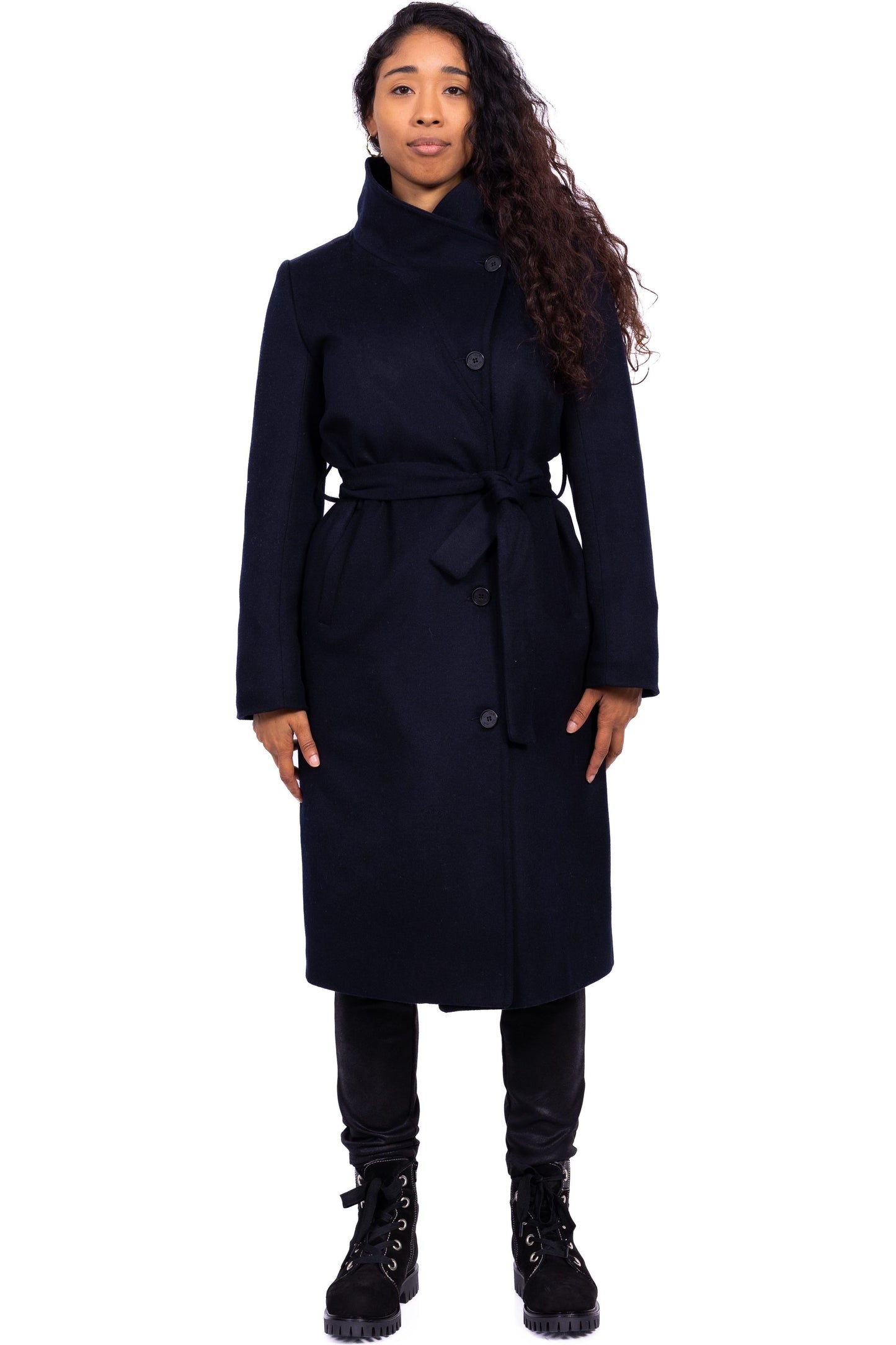 Desloups manteau d'hiver long femme avec ceinture en 100% laine et doublé