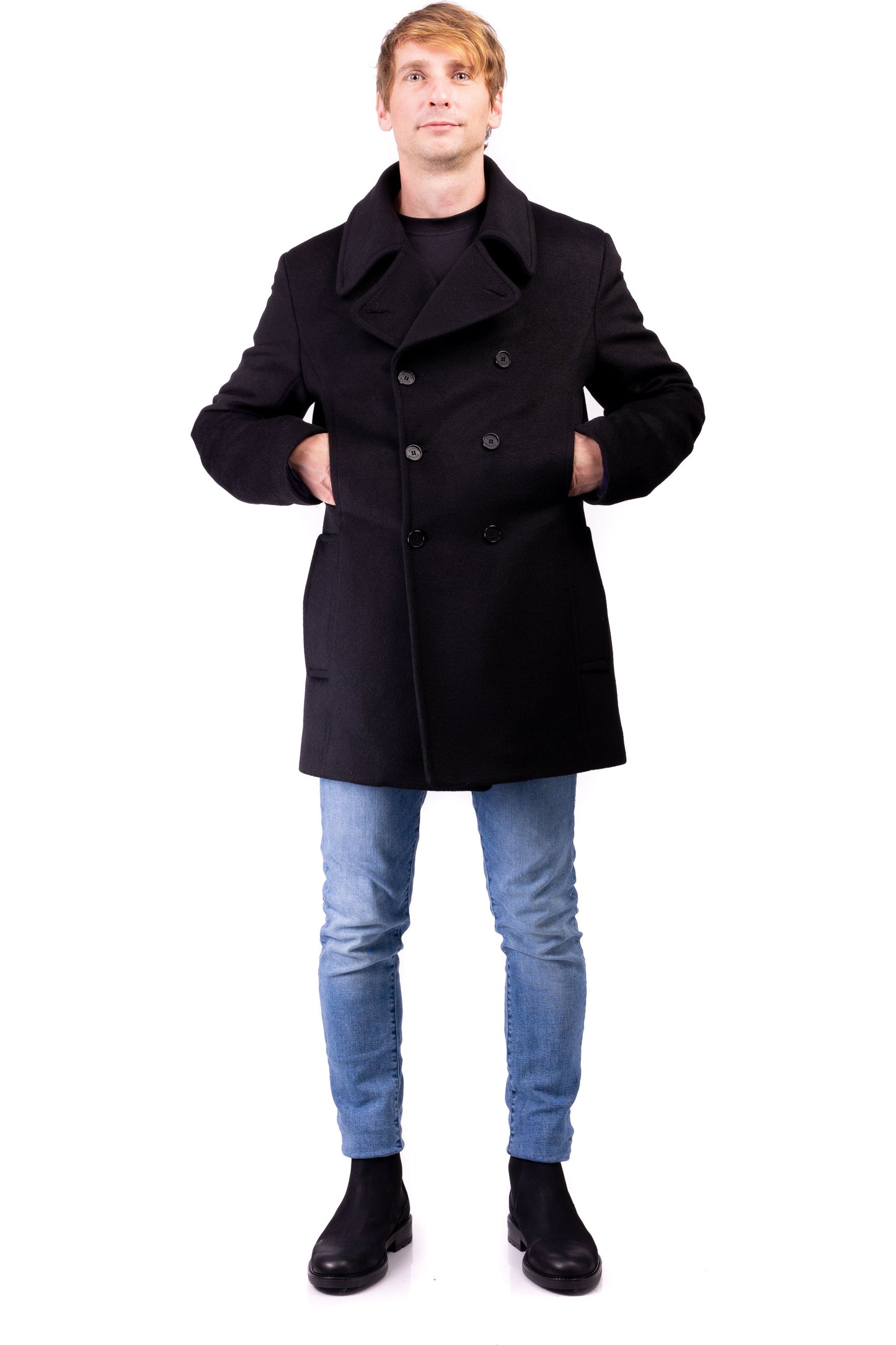 Desloups winter coat in pea coat style for men, double-breasted in 100% wool and lined