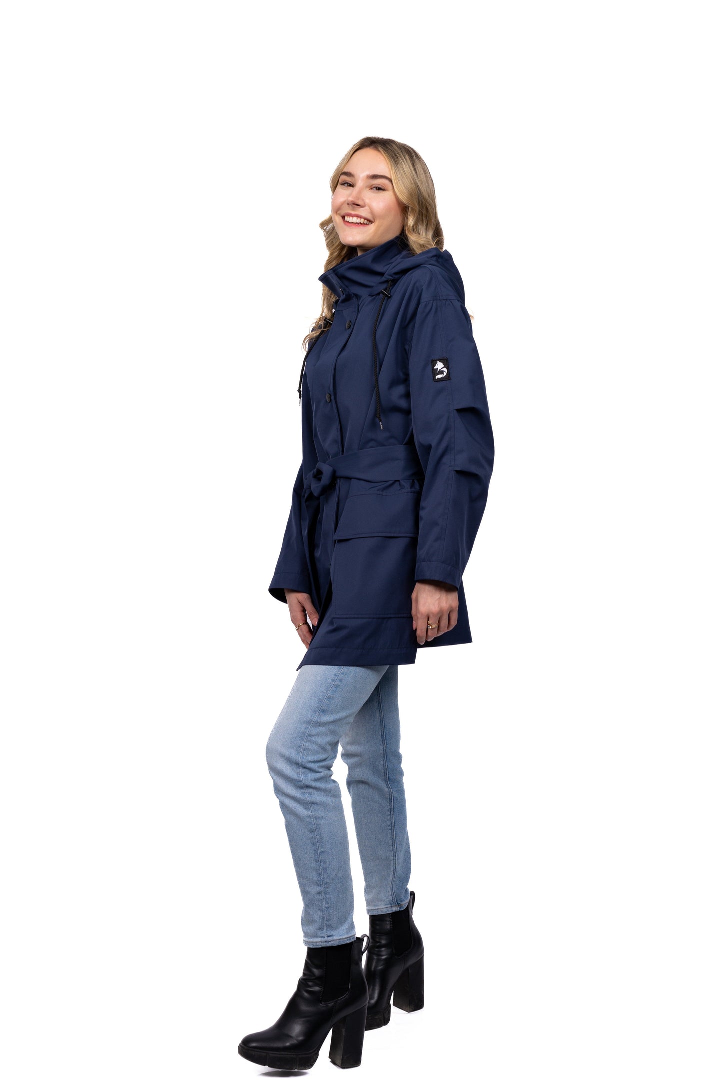 Desloups manteau mi-saison imperméable urbain avec capuchon, ample avec ceinture pour femme.