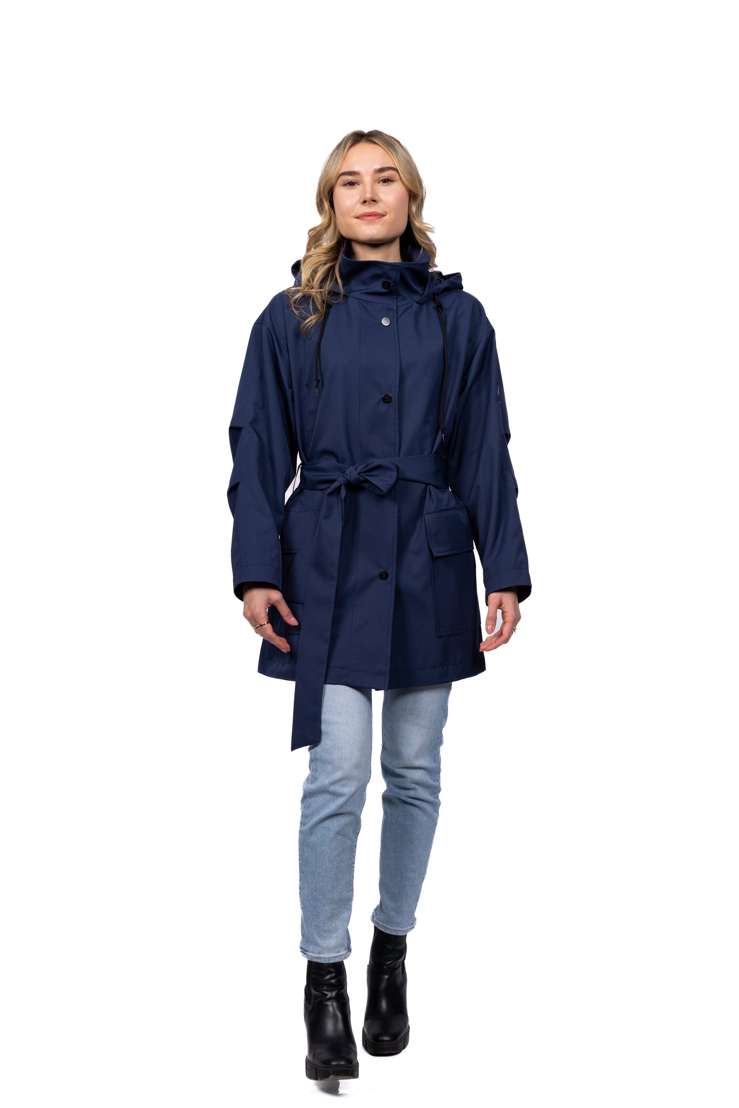 Desloups manteau mi-saison imperméable urbain avec capuchon, ample avec ceinture pour femme.