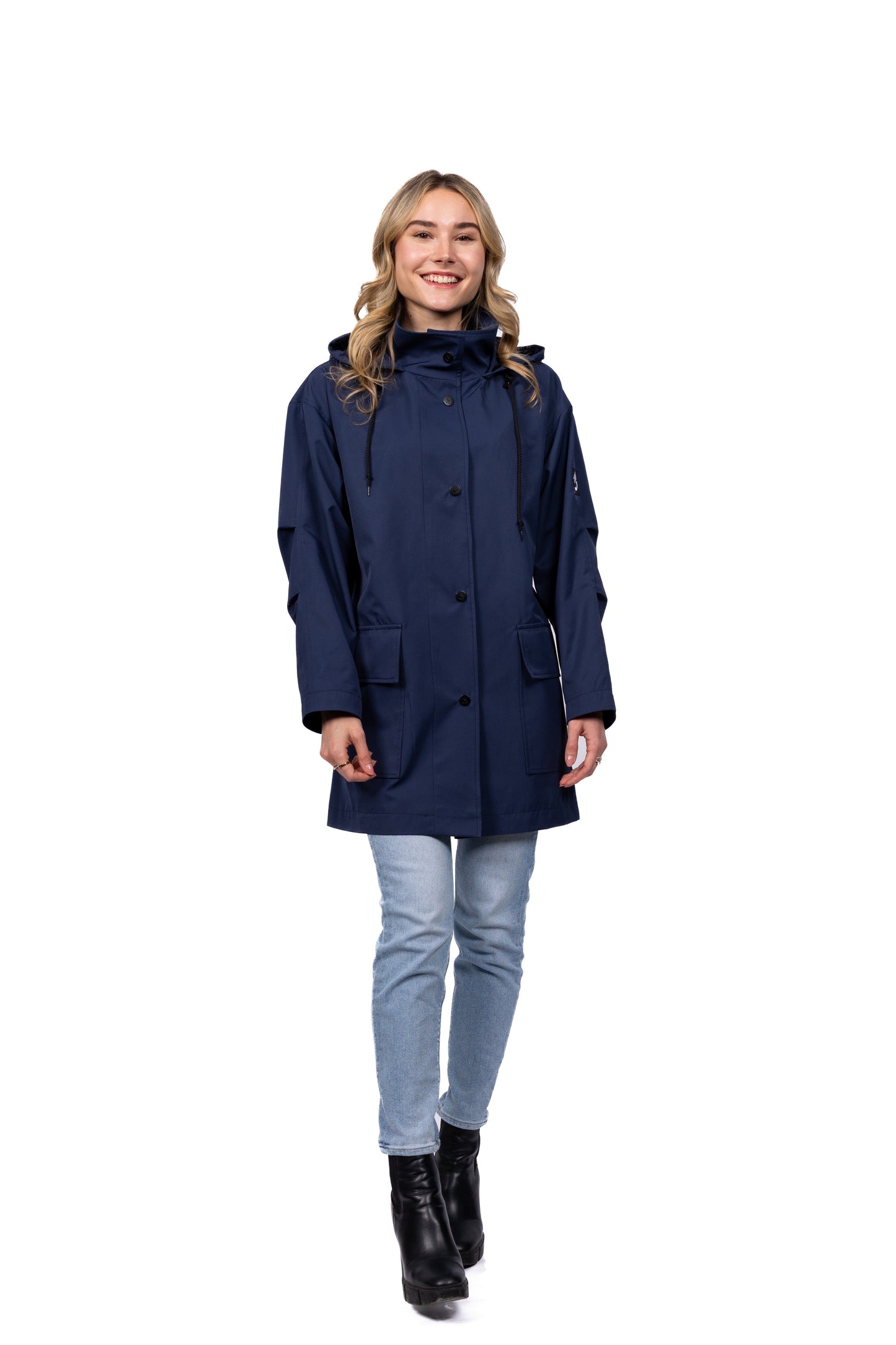 Desloups manteau mi-saison imperméable urbain avec capuchon, ample avec ceinture pour femme.