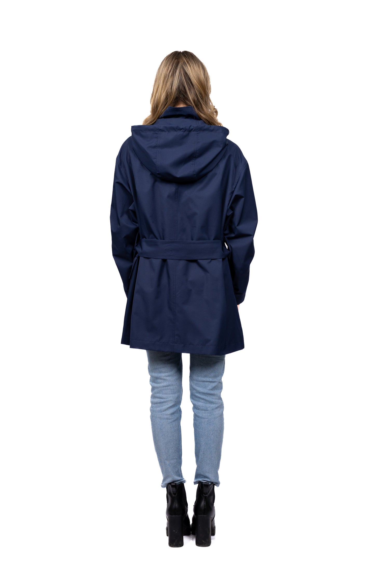 Desloups urban waterproof coat with hood, loose with belt for women - Navy 