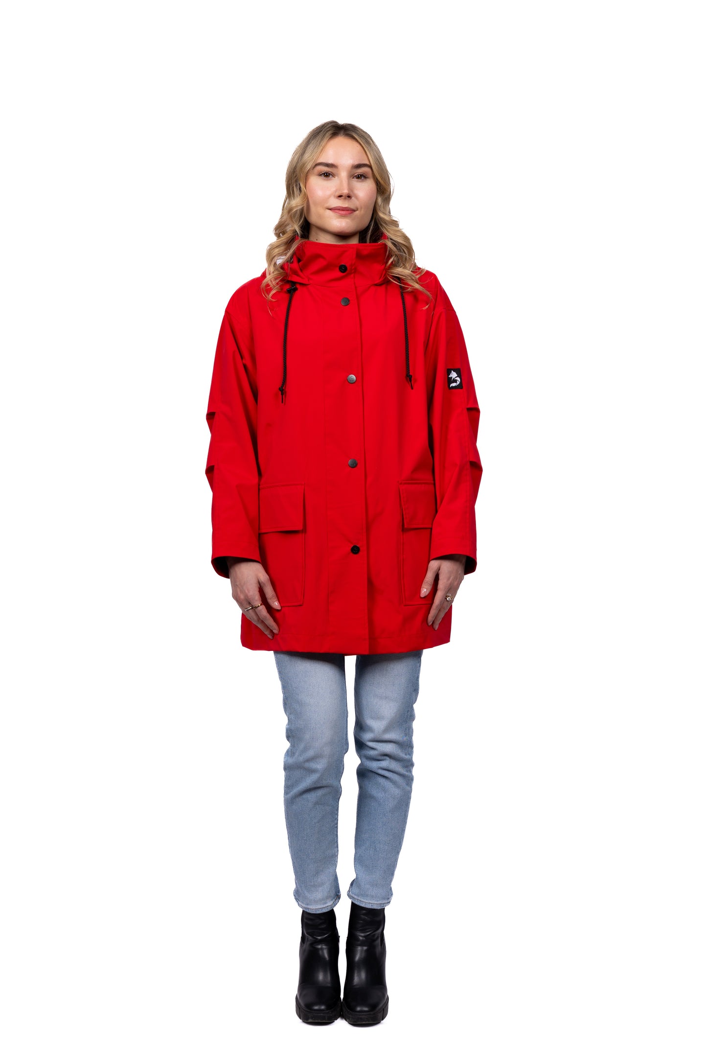 Desloups manteau mi-saison imperméable urbain avec capuchon, ample avec ceinture pour femme - Rouge