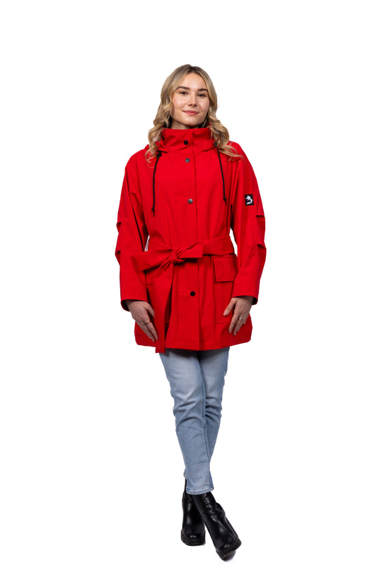 Desloups manteau imperméable urbain avec capuchon, ample avec ceinture pour femme - Rouge