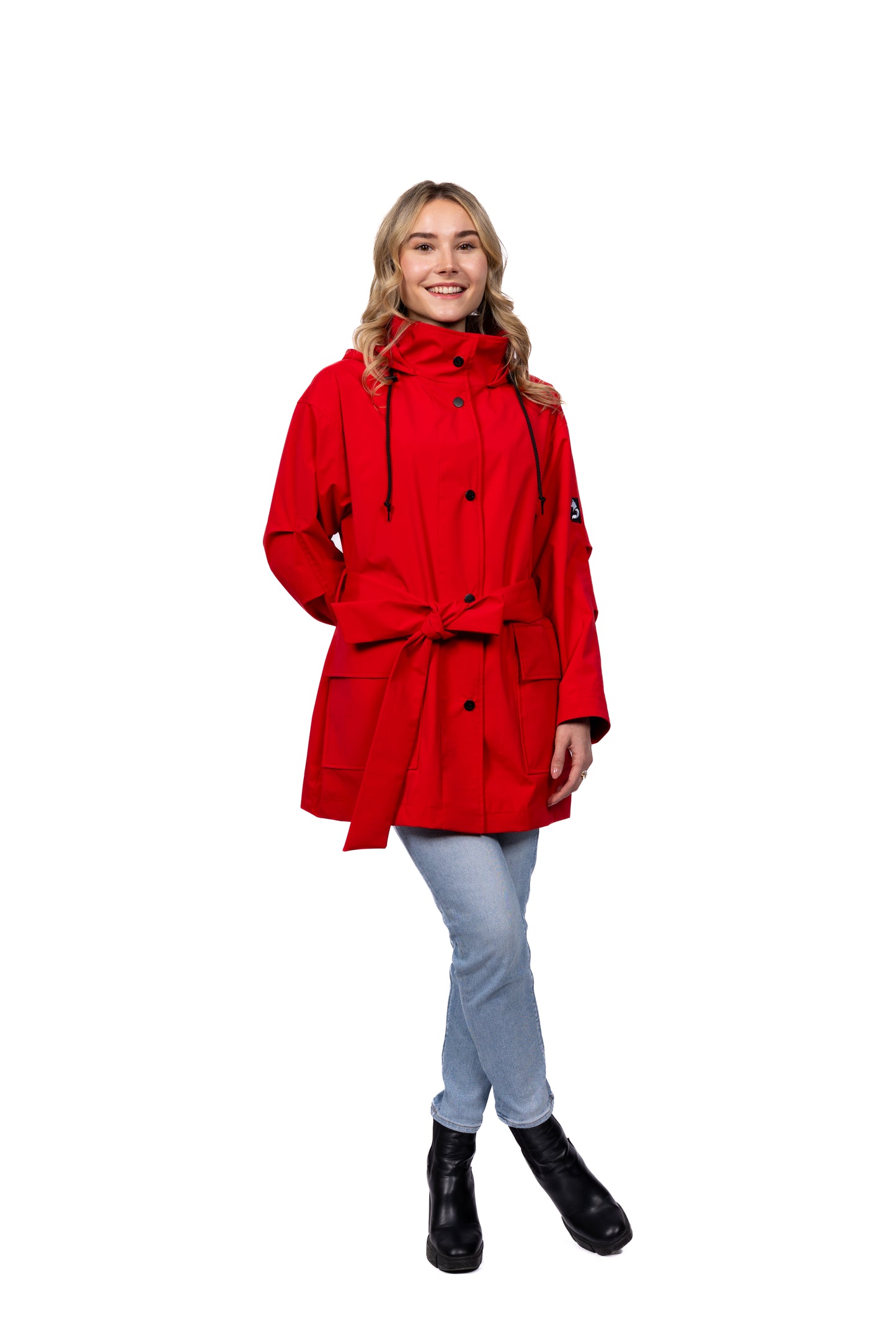 Desloups manteau mi-saison imperméable urbain avec capuchon, ample avec ceinture pour femme - Rouge