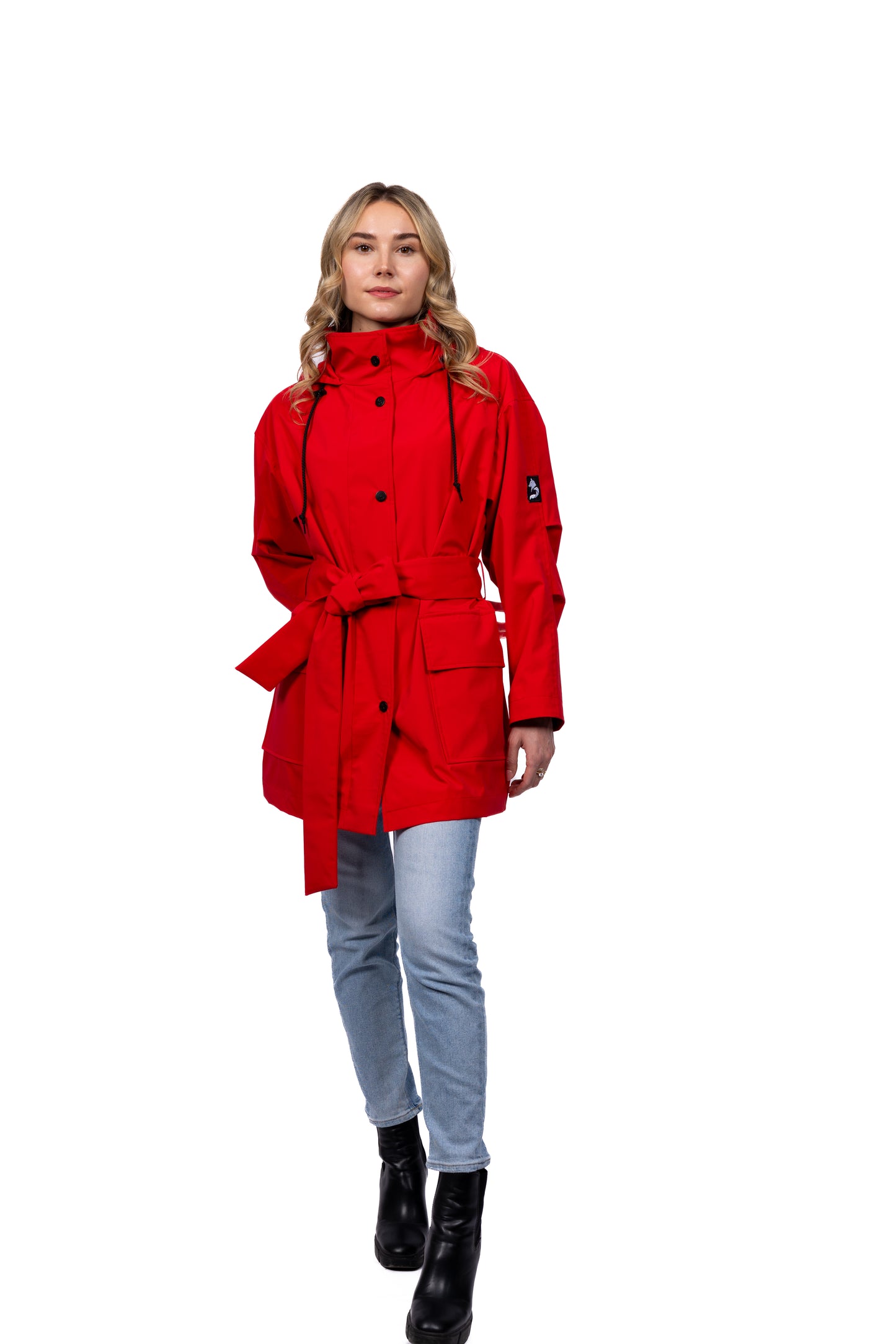 Desloups manteau imperméable urbain avec capuchon, ample avec ceinture pour femme - Rouge