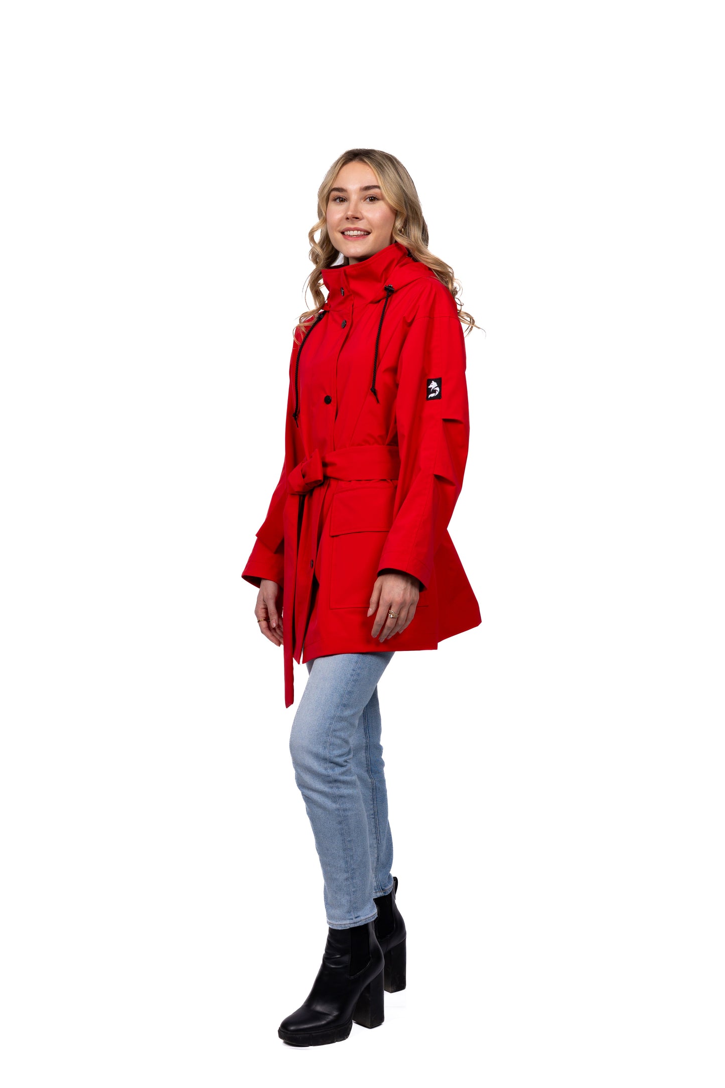Desloups manteau mi-saison imperméable urbain avec capuchon, ample avec ceinture pour femme.