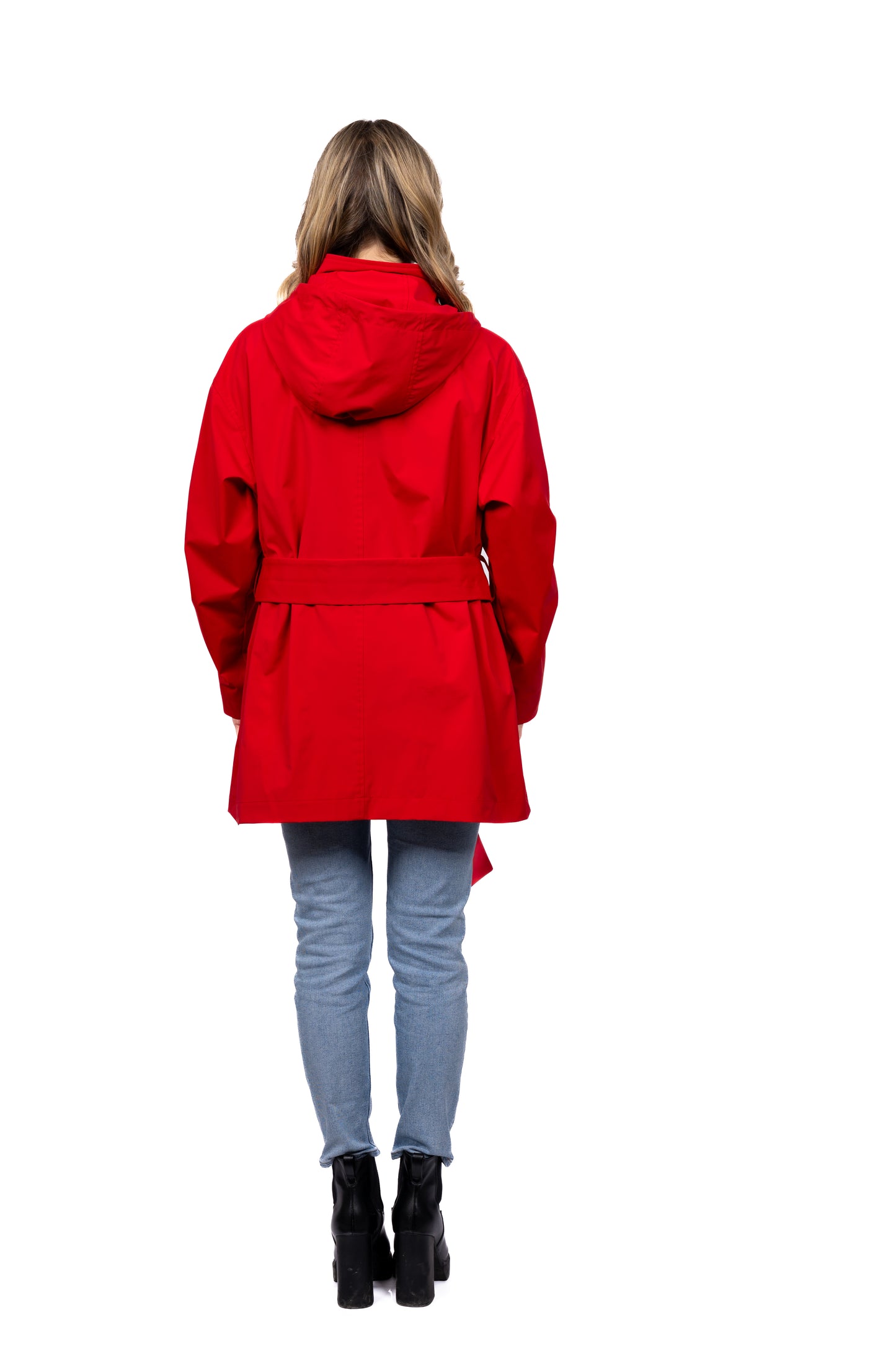 Desloups urban waterproof coat with hood, loose with belt for women - Red 