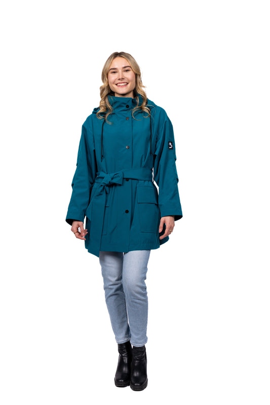 Desloups urban waterproof coat with hood, loose with belt for women - Green 