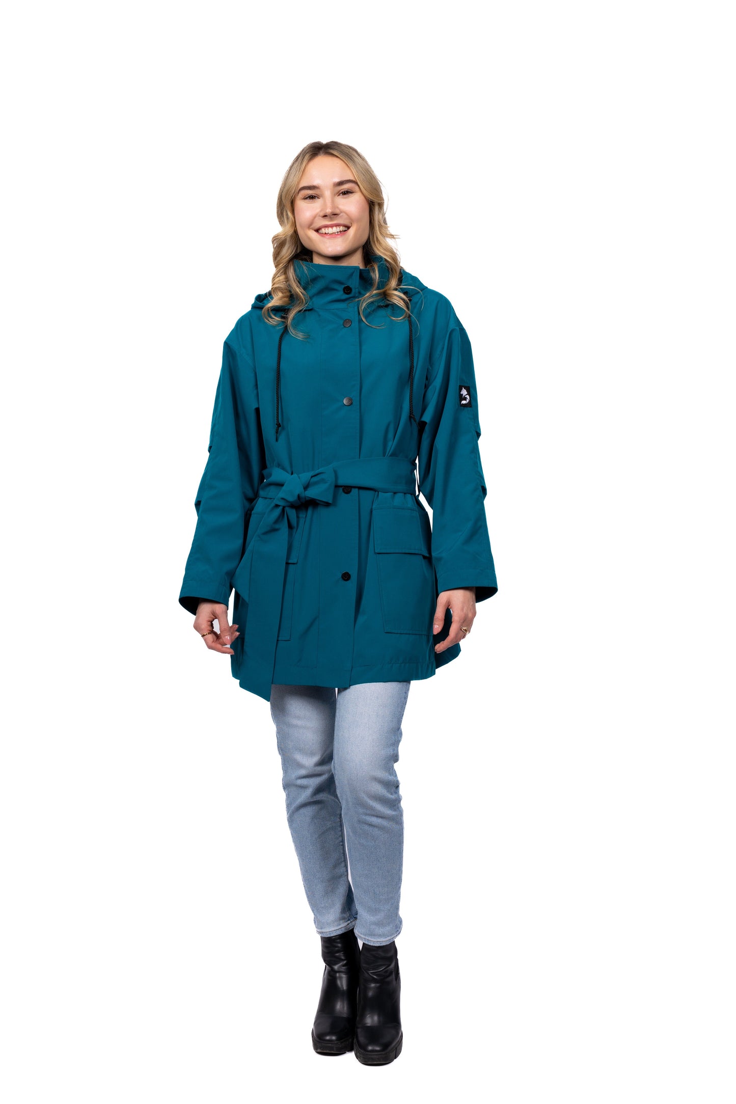 Desloups manteau mi-saison imperméable urbain avec capuchon, ample avec ceinture pour femme.