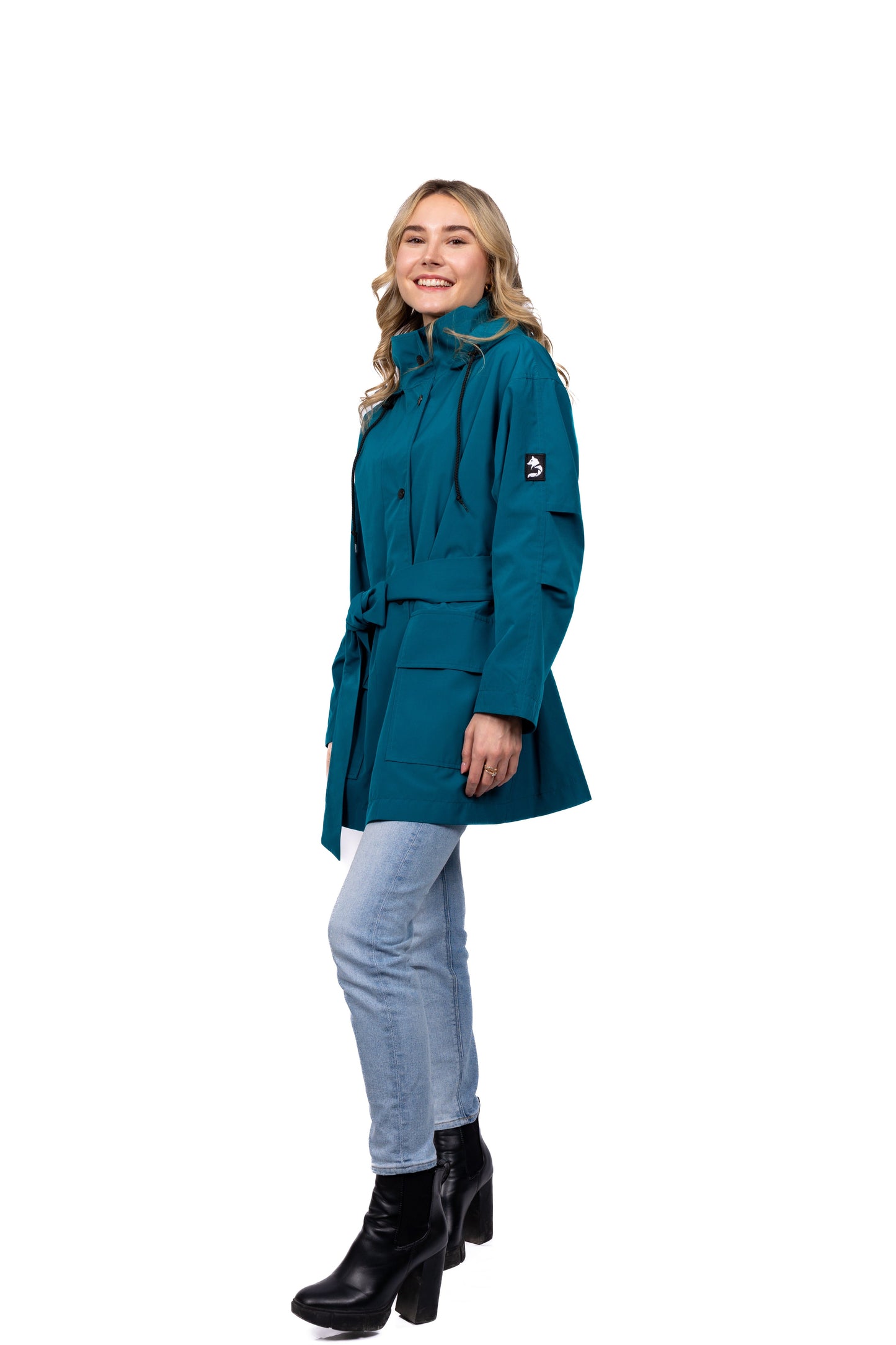 Desloups manteau mi-saison imperméable urbain avec capuchon, ample avec ceinture pour femme.