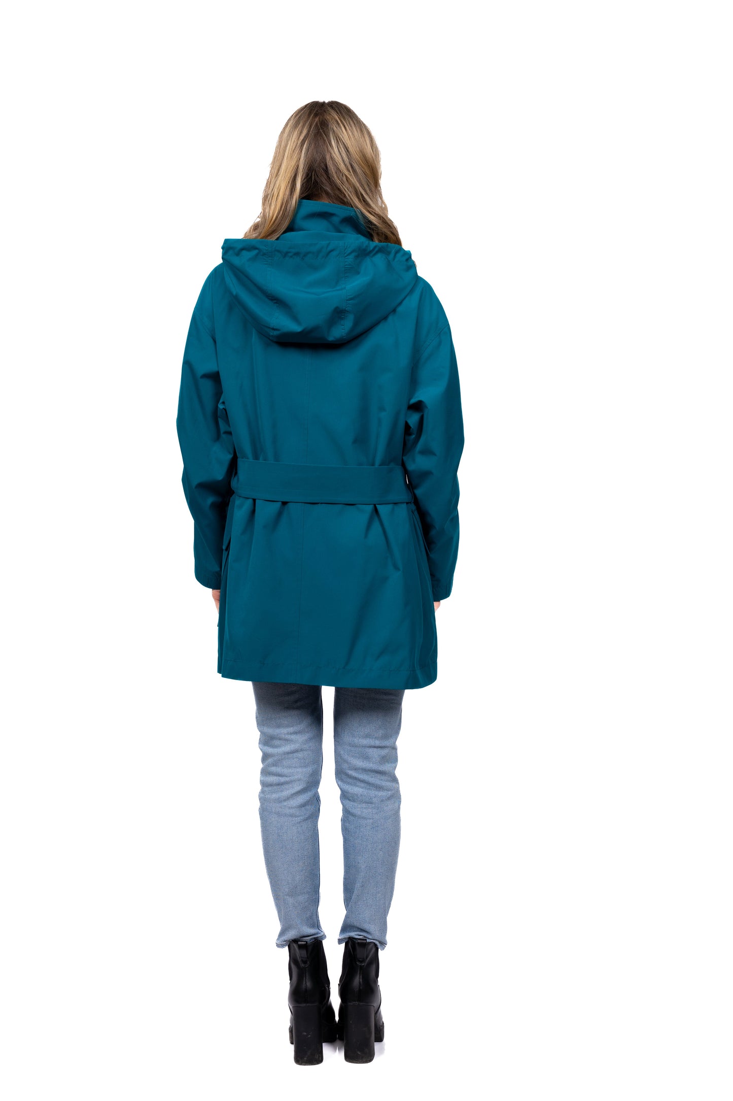Desloups manteau mi-saison imperméable urbain avec capuchon, ample avec ceinture pour femme.