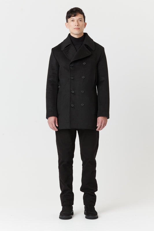 Desloups winter coat in pea coat style for men, double-breasted in 100% wool and lined