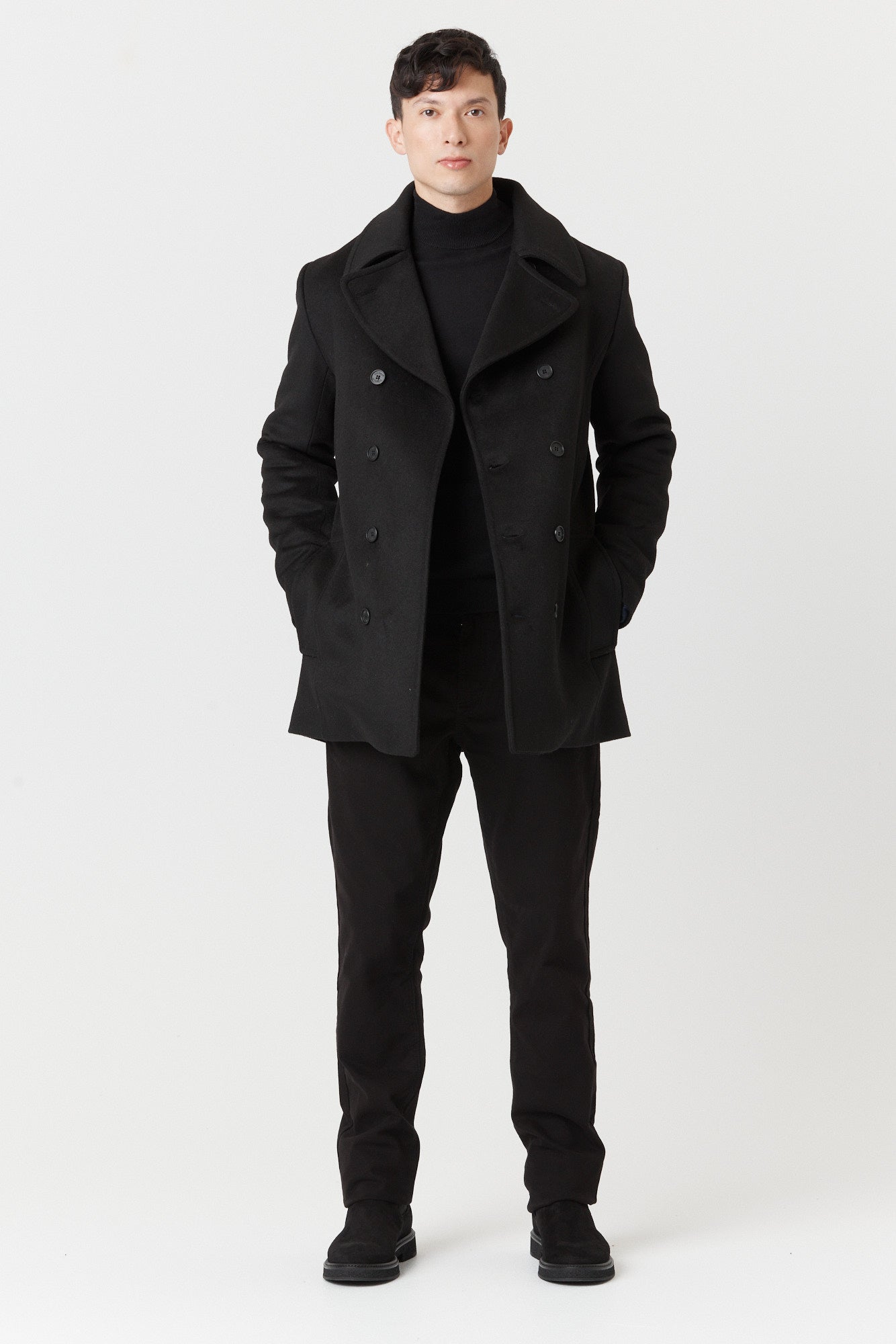 Desloups winter coat in pea coat style for men, double-breasted in 100% wool and lined