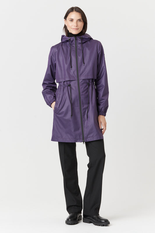 Desloups manteau mi-saison imperméable urbain avec capuchon, ajusté pour femme.