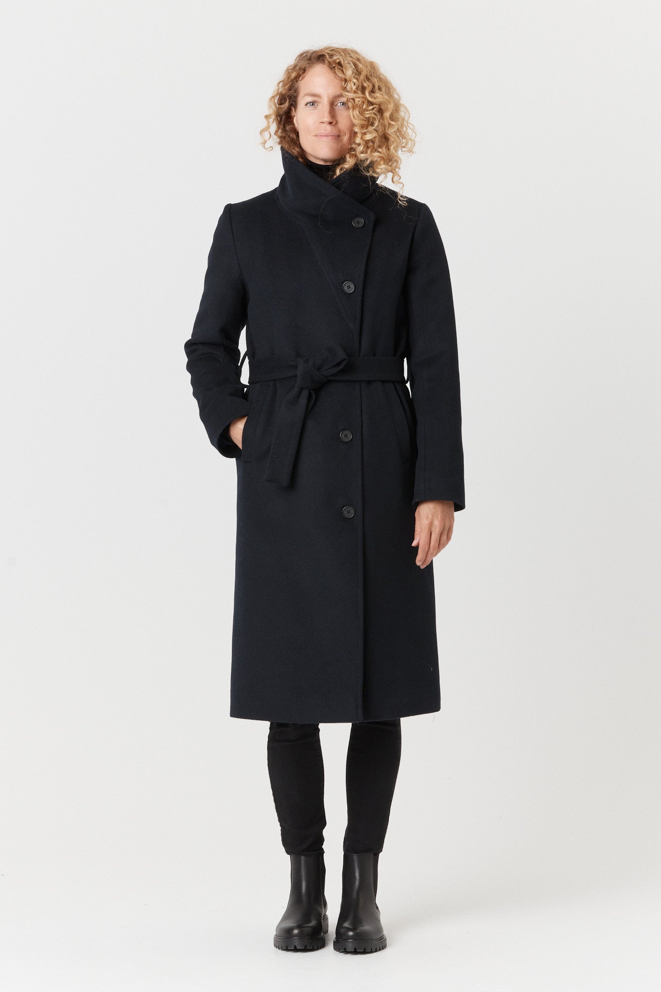 Desloups manteau d'hiver long femme avec ceinture en 100% laine et doublé