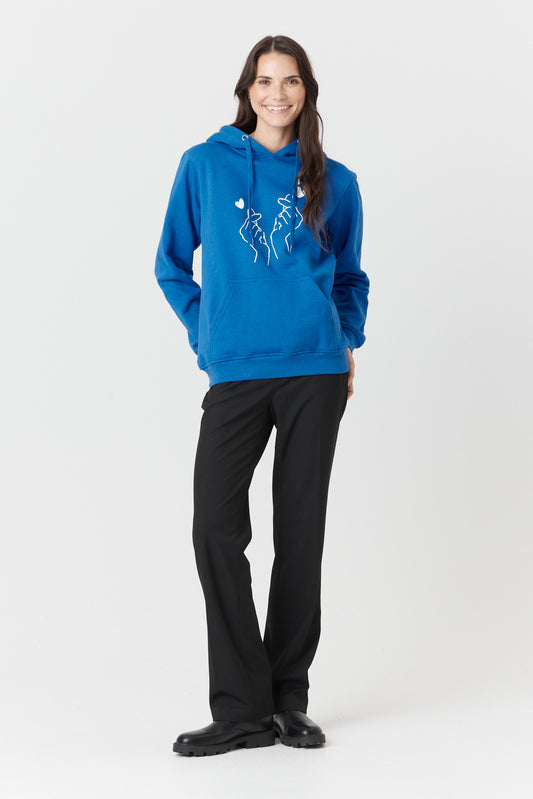 Desloups fleece hooded sweater with "Heart" print - Royal blue