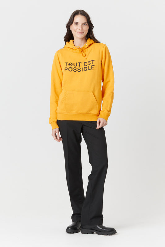 Desloups fleece hoodie with “Everything is possible” print Mustard
