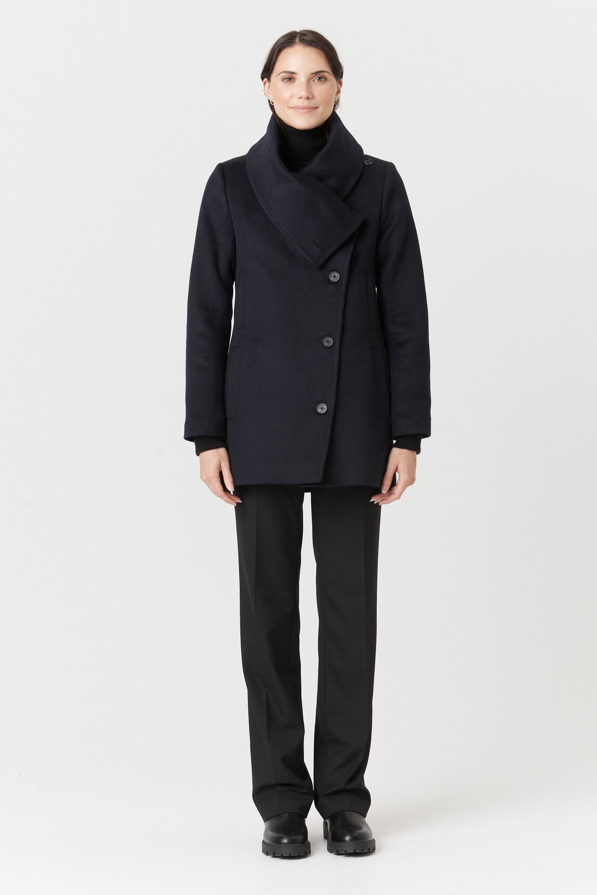 Women's semi-fitted, mid-length asymmetric winter coat in 100% wool – Desloups #DLF-003