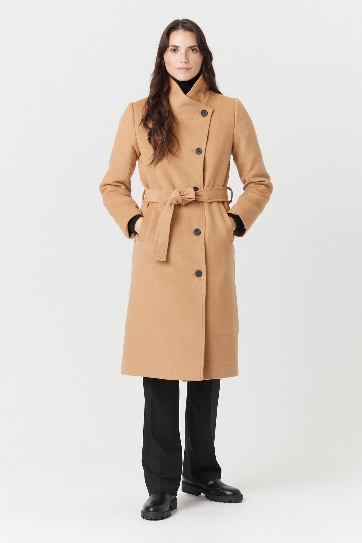 Women's semi-fitted long winter coat with belt in 100% wool – Desloups #DLF-008