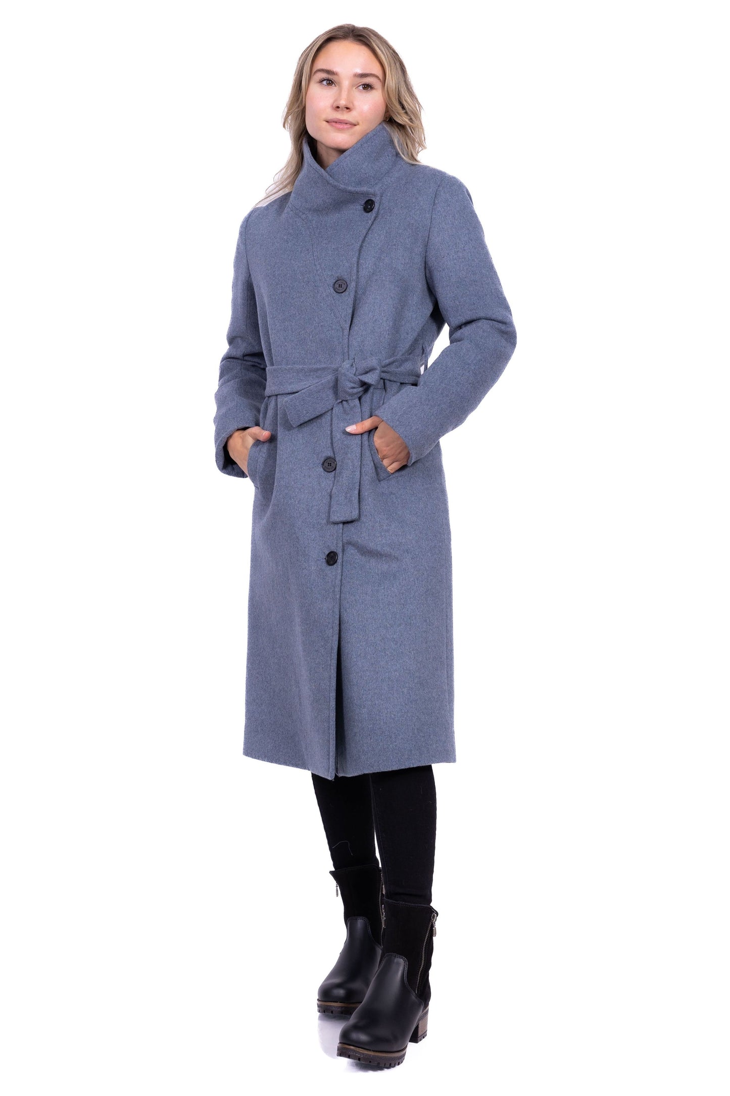 Desloups manteau d'hiver long femme avec ceinture en 100% laine et doublé