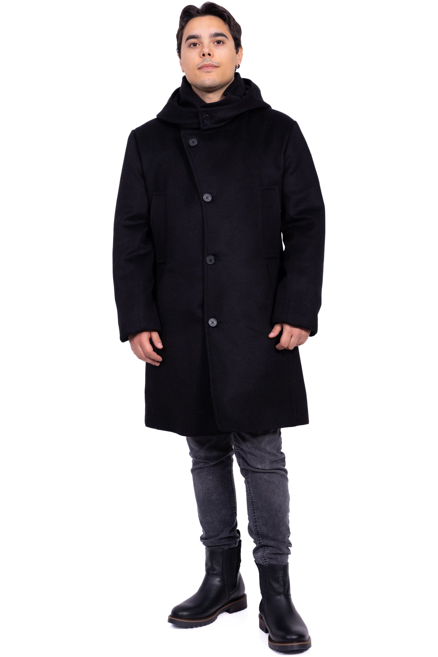 Desloups men's asymmetrical winter coat with detachable hood in 100% wool and lined