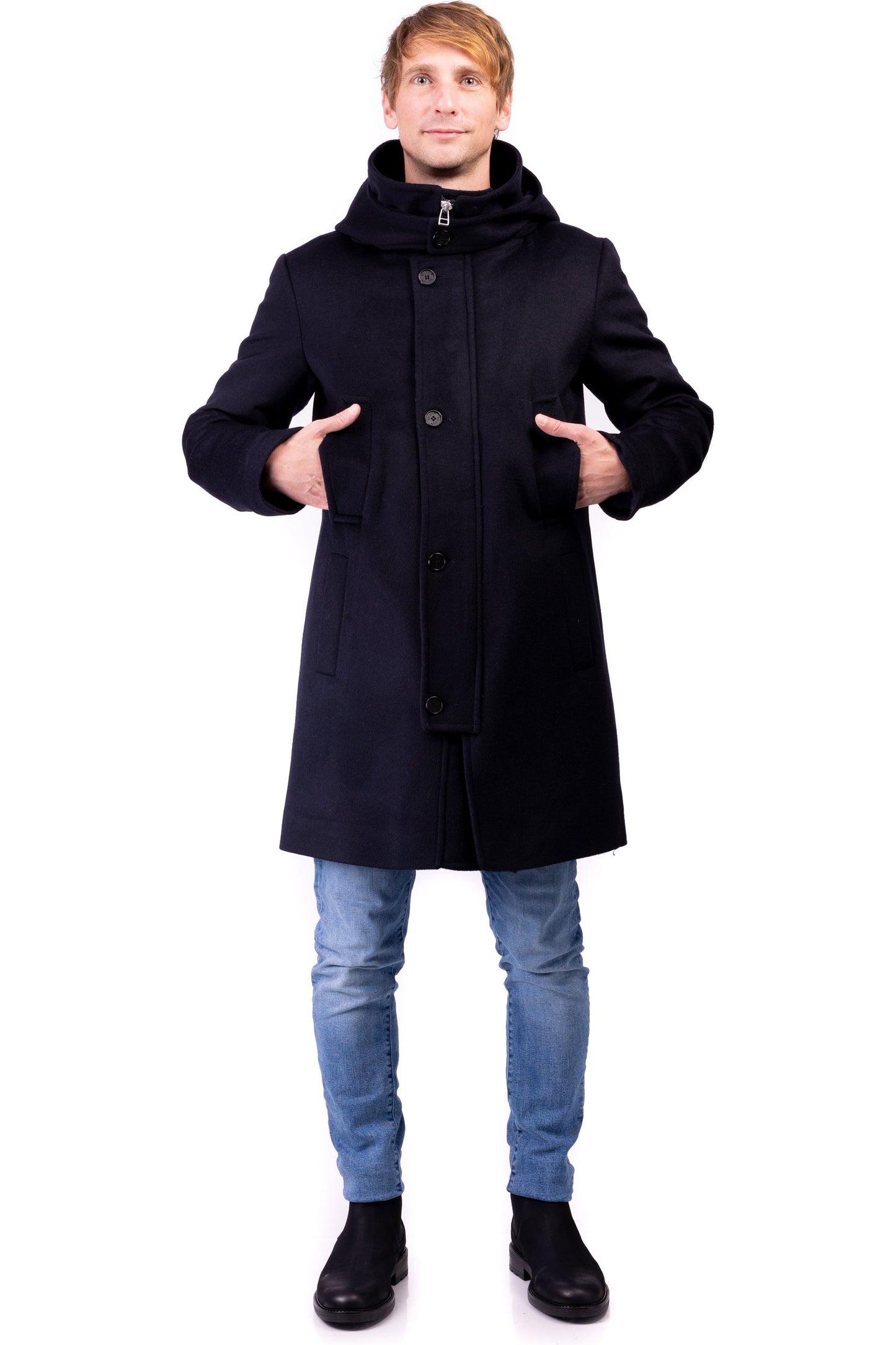 Desloups Canadian winter coat for men with clasp and hood in 100% lined wool 