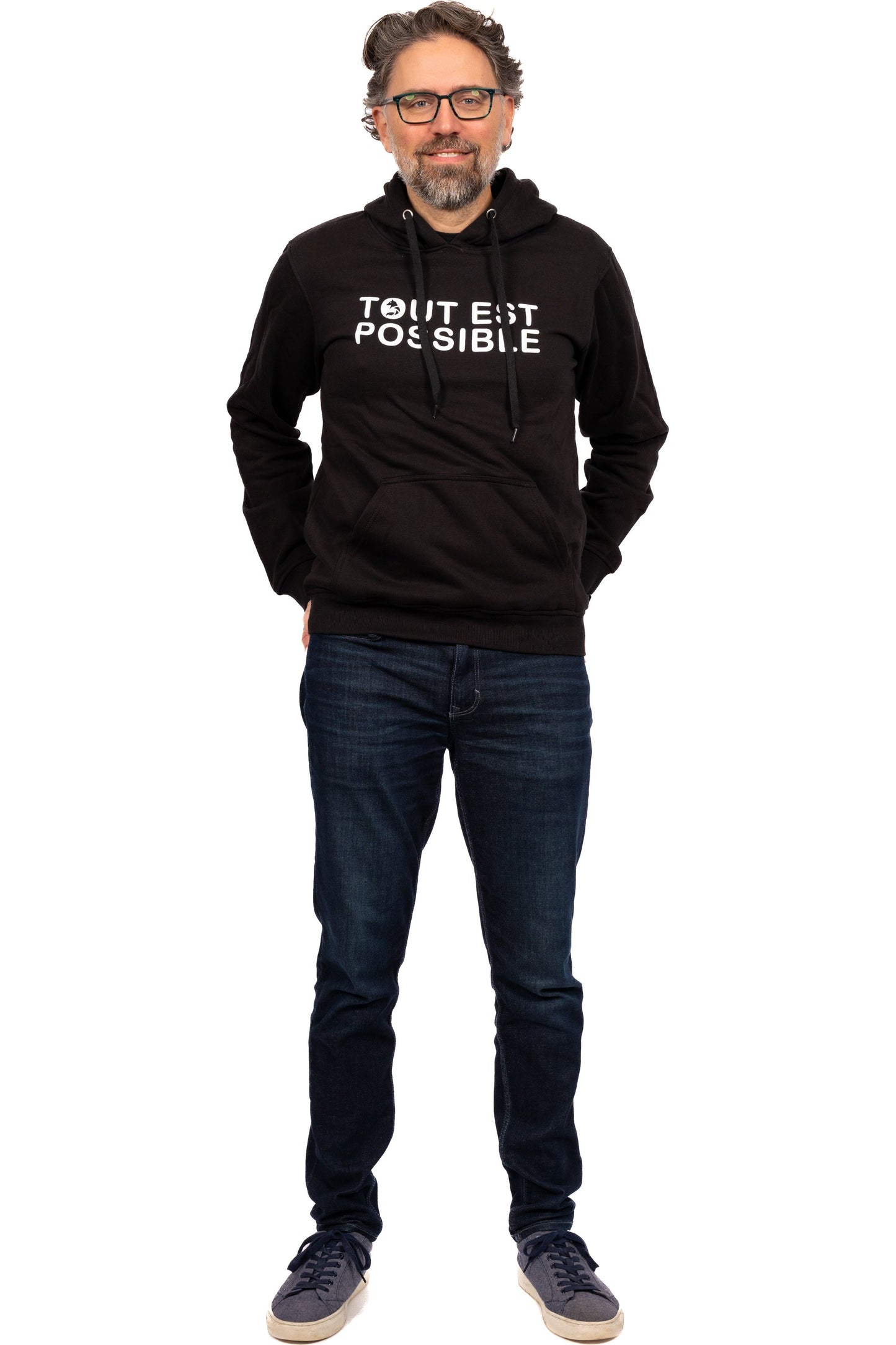 Desloups fleece hoodie with “Everything is possible” print