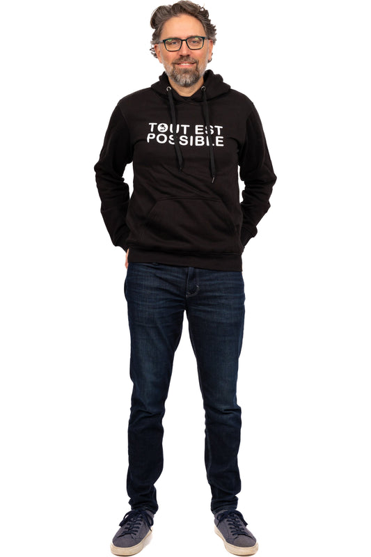 Desloups fleece hoodie with “Everything is possible” print