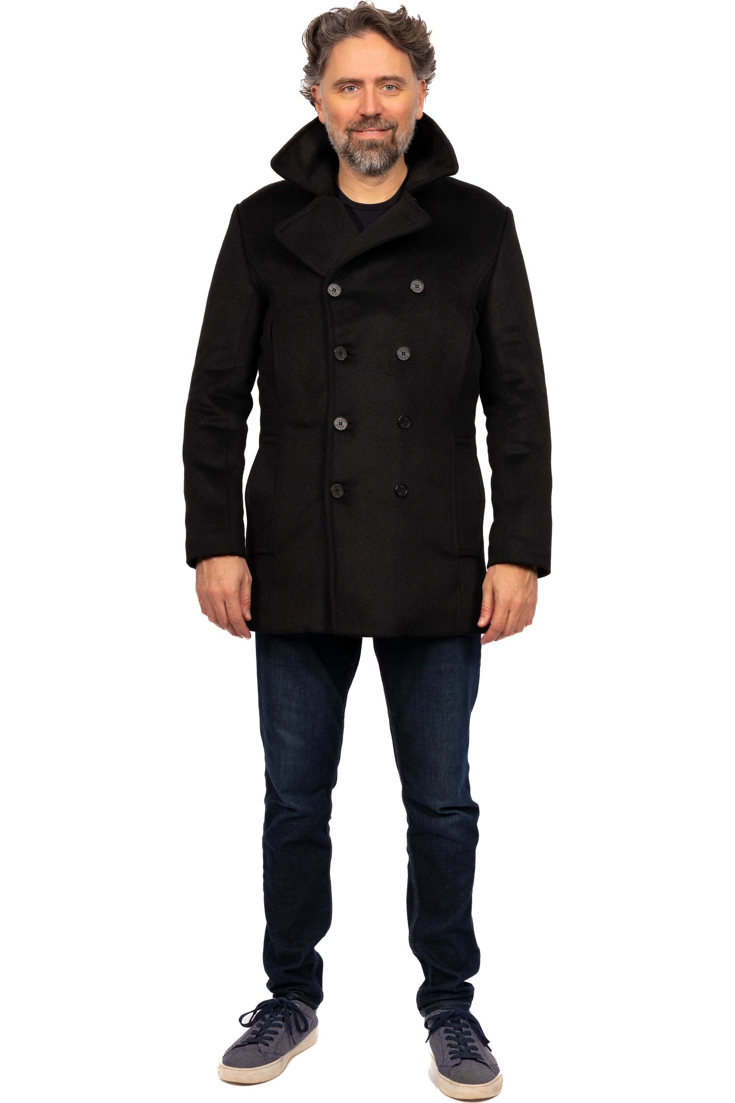 Desloups winter coat in pea coat style for men, double-breasted in 100% wool and lined