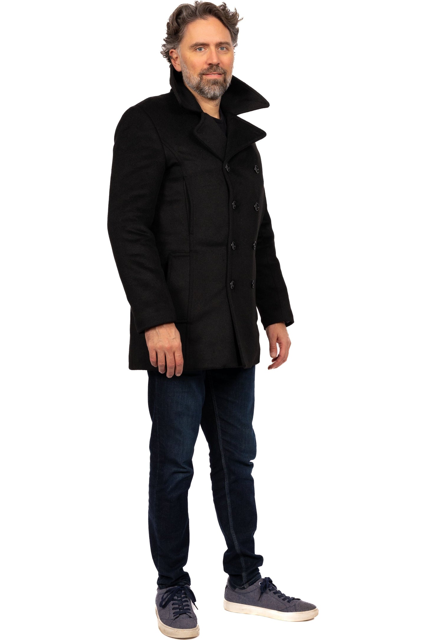 Desloups winter coat in pea coat style for men, double-breasted in 100% wool and lined