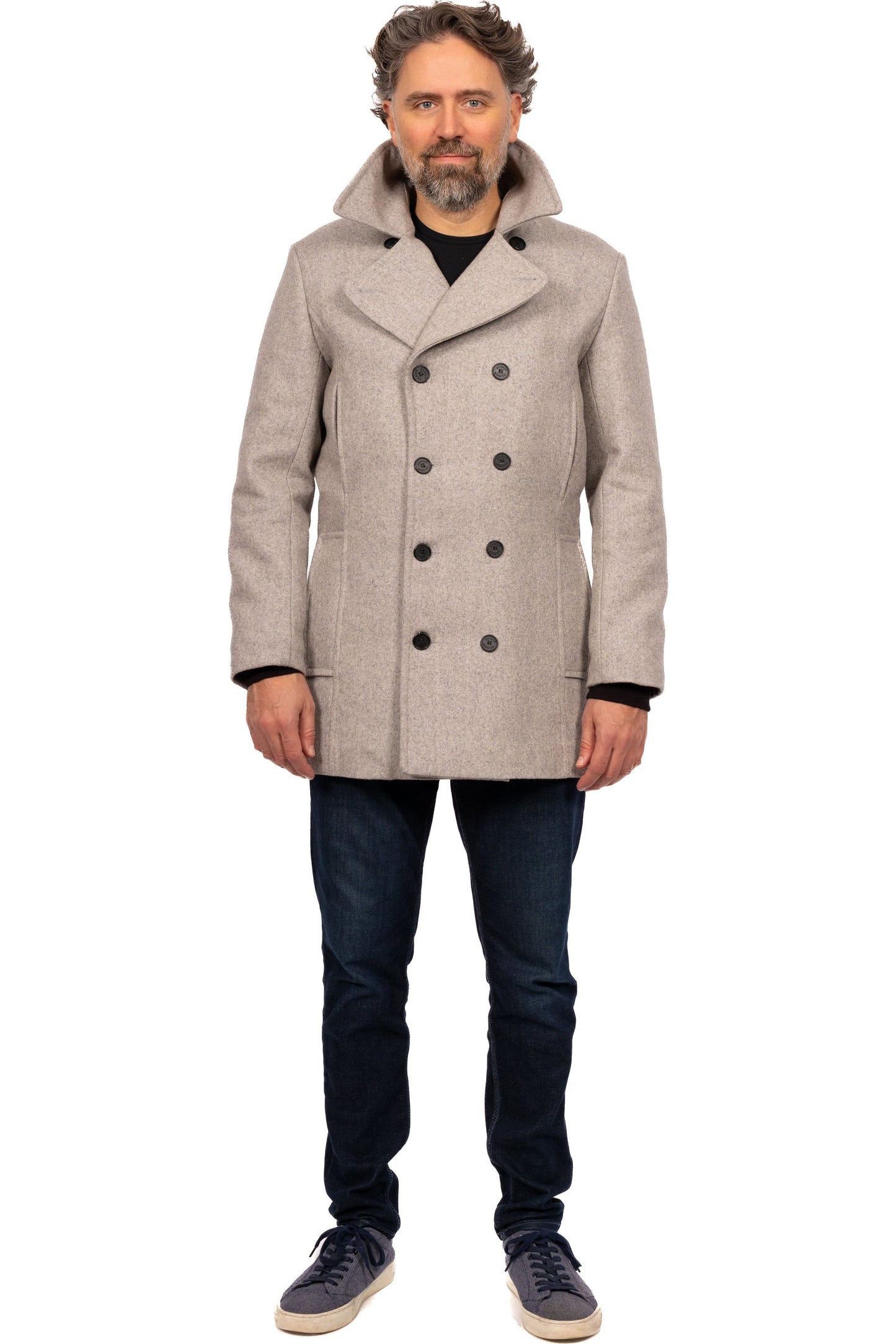 Desloups winter coat in pea coat style for men, double-breasted in 100% wool and lined