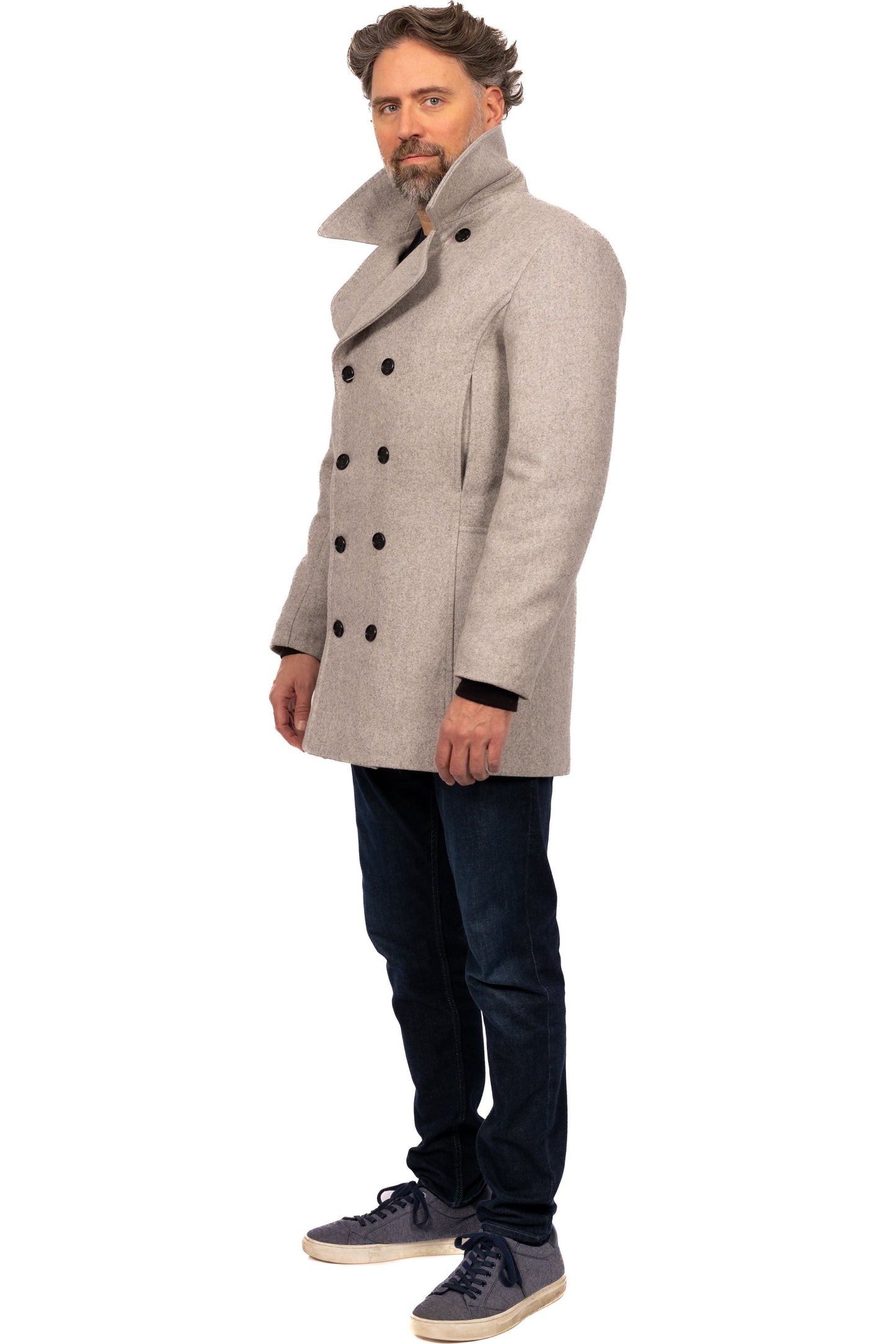 Desloups winter coat in pea coat style for men, double-breasted in 100% wool and lined