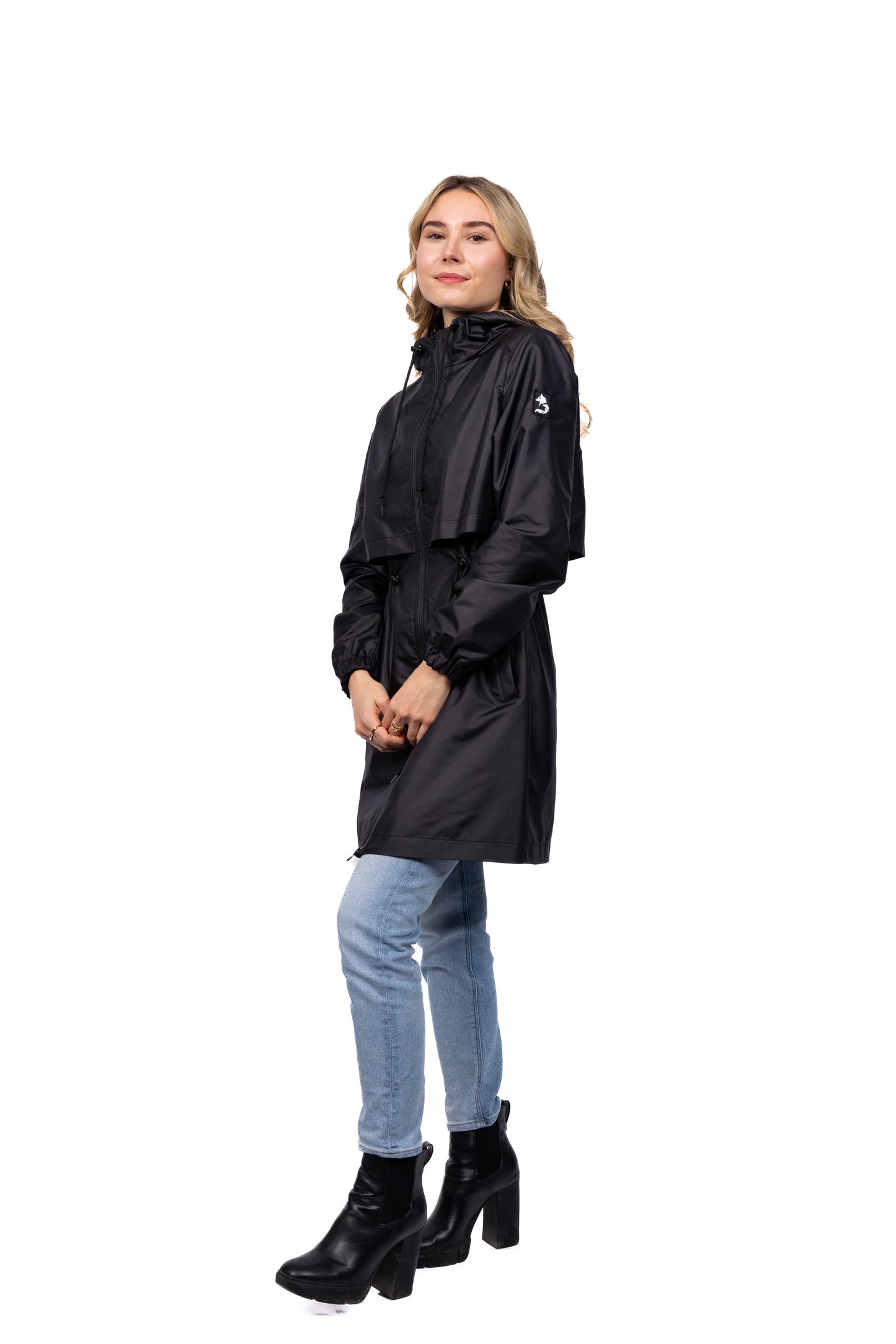 Desloups manteau mi-saison imperméable urbain avec capuchon, ajusté pour femme - Noir