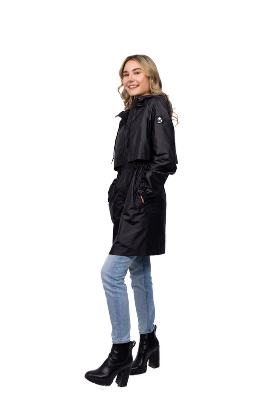 PRÉ-VENTE manteau mi-saison imperméable urbain avec capuchon, ajusté pour femme.